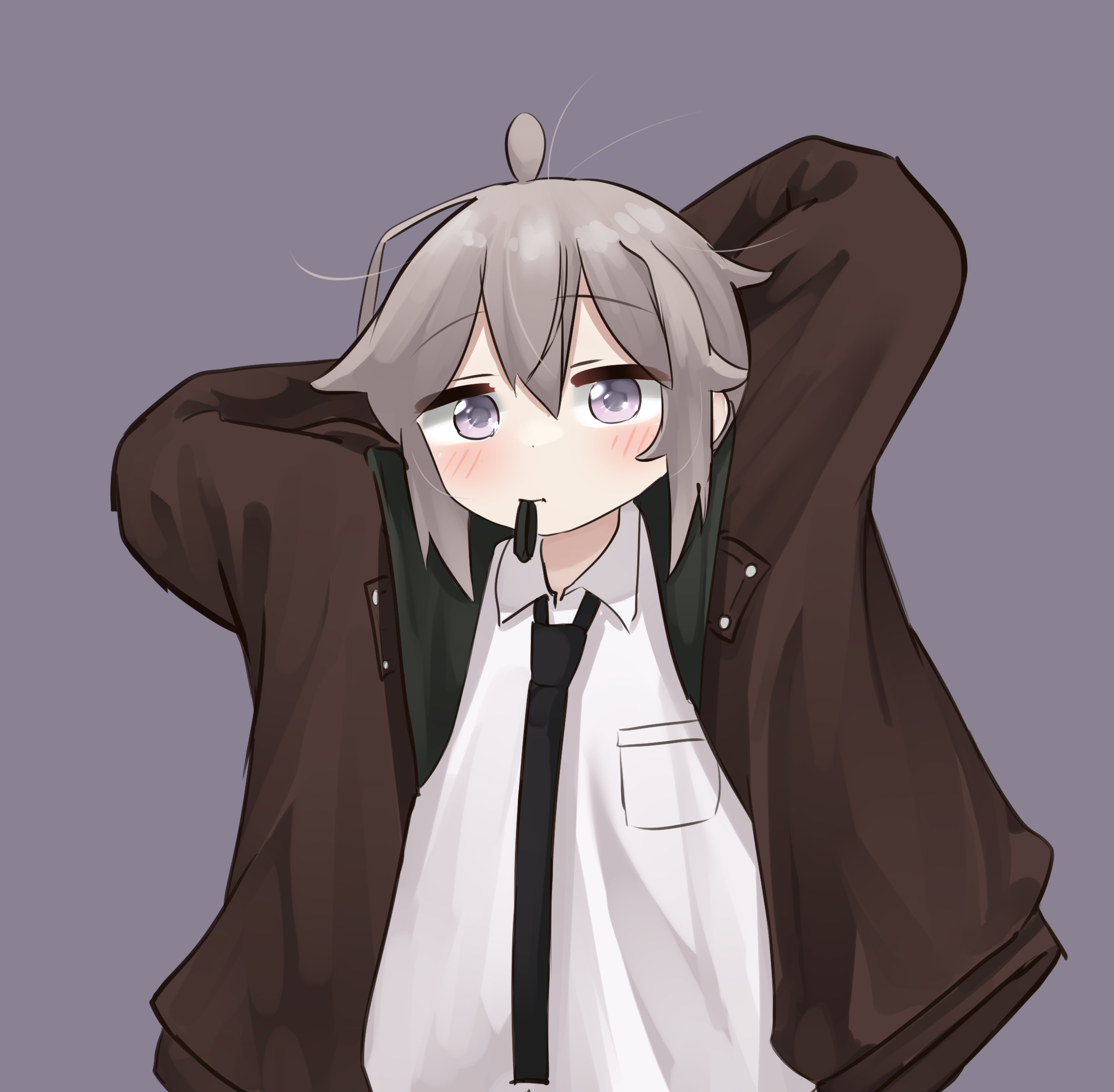 pepsi2330, m200 (girls' frontline), girls' frontline, highres, 1girl, ahoge, arms behind head, breast pocket, collared shirt, hair between eyes, hairband, jacket, necktie, open clothes, open jacket, pocket, shirt, simple background, white shirt