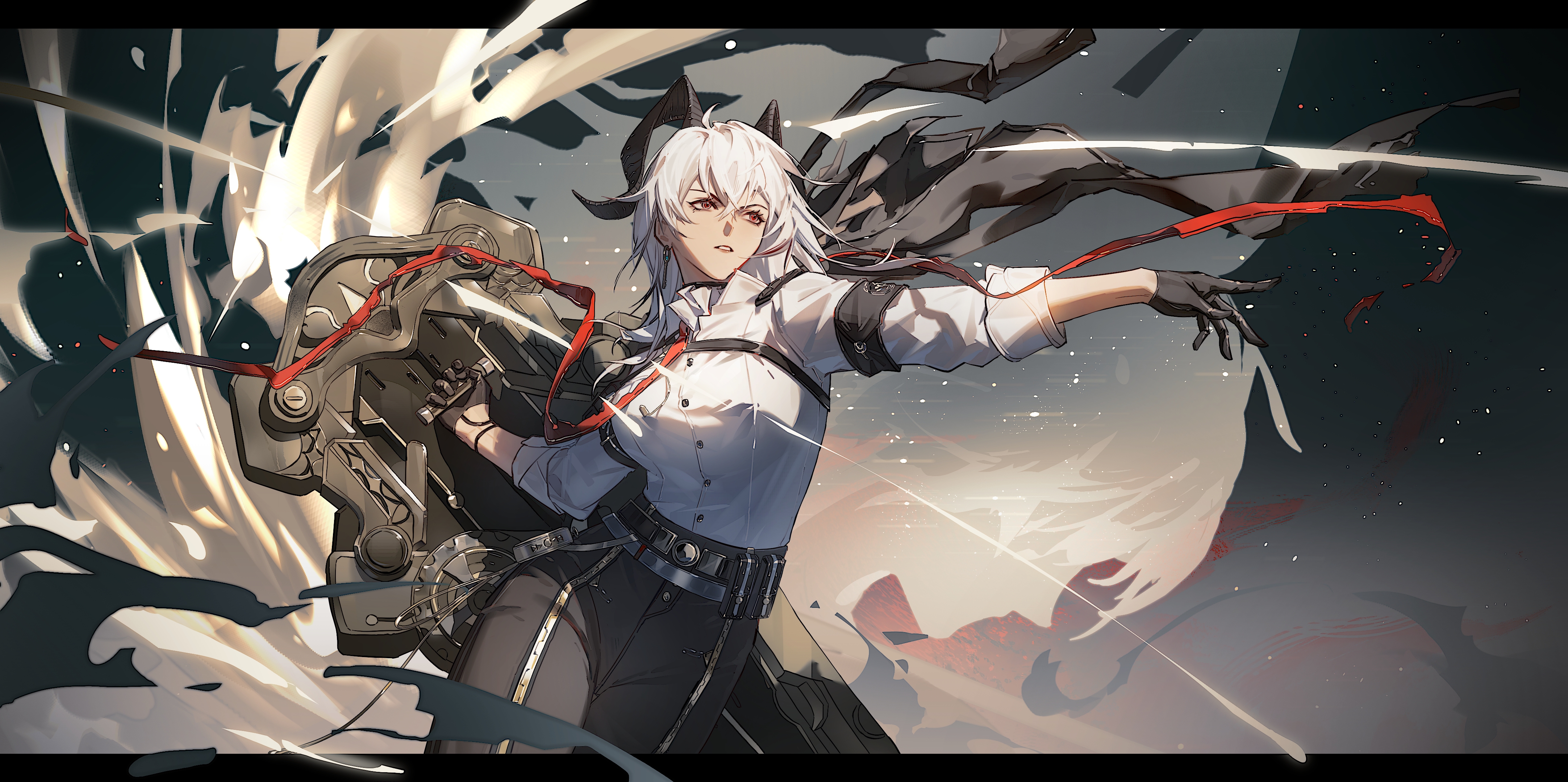 xiao'er yushiwuzheng, zani (wuthering waves), wuthering waves, absurdres, chinese commentary, commentary, highres, 1girl, armband, belt, belt pouch, black armband, black border, black gloves, black pants, border, chest harness, collared shirt, cowboy shot, crossed bangs, diffraction spikes, dress shirt, dust cloud, earrings, floating neckwear, gloves, hair between eyes, harness, high-waist pants, holding, holding shield, horns, jewelry, letterboxed, night, night sky, outside border, outstretched arm, pants, parted lips, pouch, red eyes, shield, shirt, sky, sleeves rolled up, solo, star (sky), white hair, white shirt
