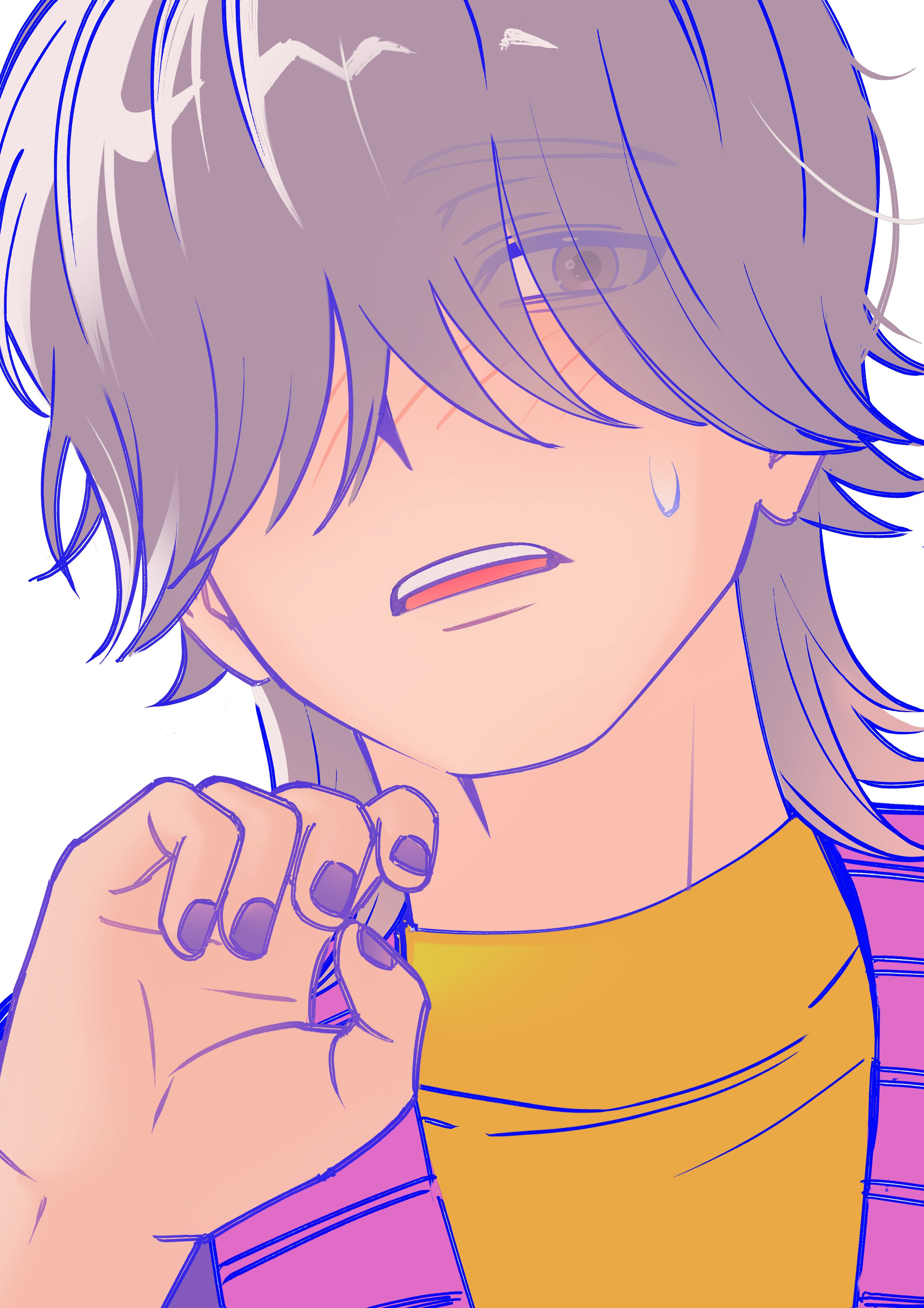 mego 666, mystery (kpop demon hunters), kpop demon hunters, absurdres, hashtag-only commentary, highres, 1boy, blush, brown eyes, close-up, embarrassed, grey hair, hair over eyes, male focus, medium hair, purple nails, purple sweater, simple background, solo, sweatdrop, sweater, teeth, upper teeth only, white background