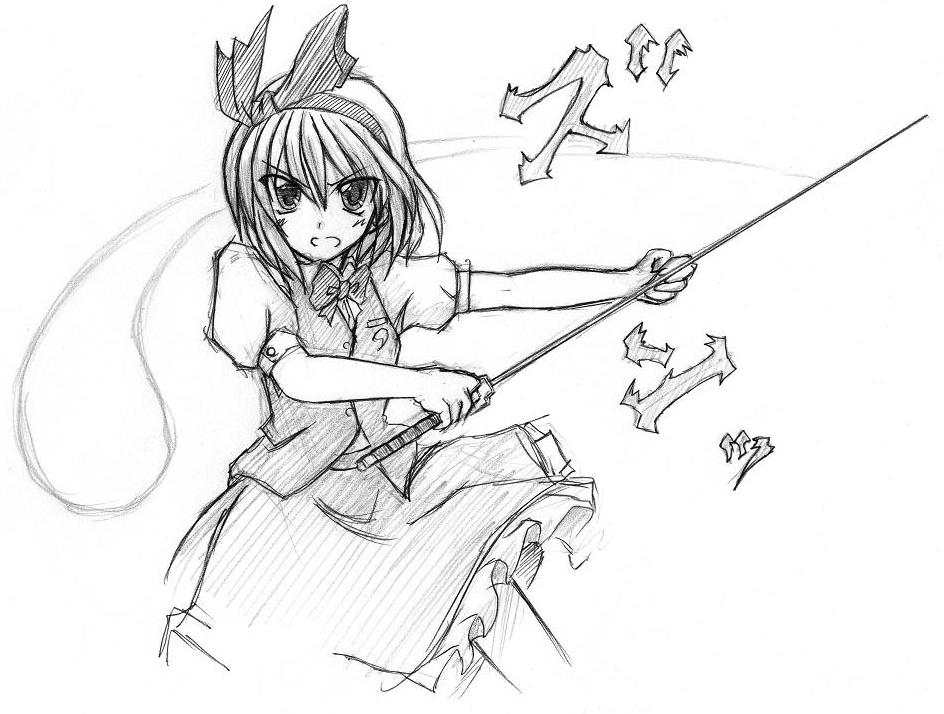 eku, konpaku youmu, konpaku youmu (ghost), touhou, 1girl, female focus, greyscale, hitodama, katana, monochrome, sketch, solo, sword, weapon
