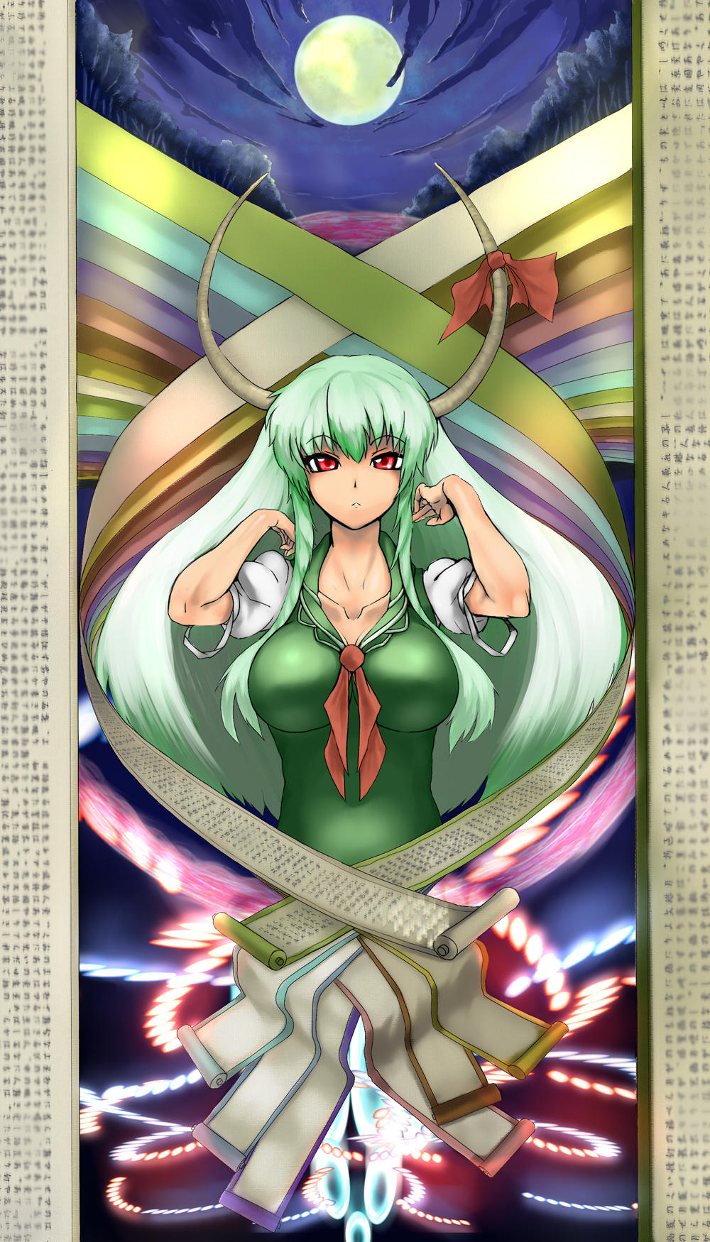 arugeri, ex-keine, kamishirasawa keine, touhou, highres, 1girl, breasts, cleavage, danmaku, female focus, full moon, green hair, horn ornament, horn ribbon, horns, large breasts, moon, red eyes, ribbon, sky, solo, upper body