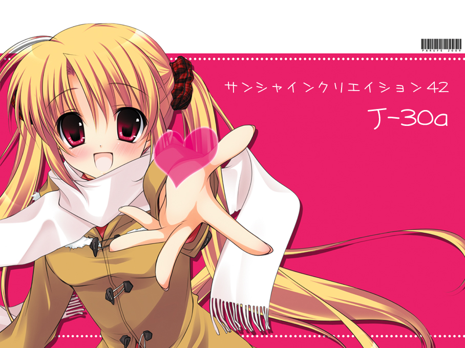 hayashi sakura, fate testarossa, lyrical nanoha, mahou shoujo lyrical nanoha, mahou shoujo lyrical nanoha strikers, 00s, barcode, blonde hair, blush, coat, duffel coat, eyes visible through hair, heart, long hair, pink background, reaching, reaching towards viewer, red eyes, scarf, smile, twintails, very long hair