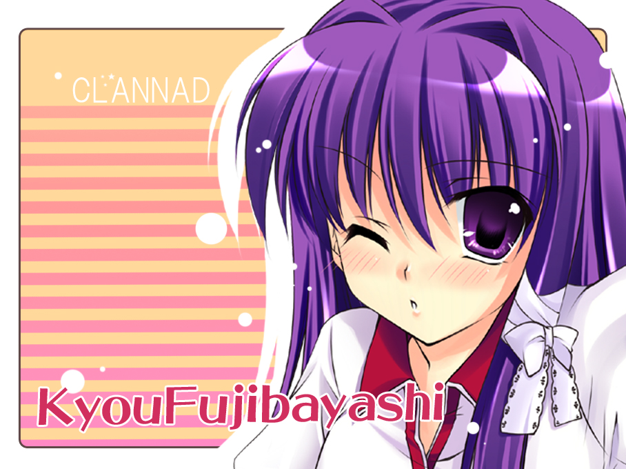 hayashi sakura, fujibayashi kyou, clannad, 00s, blush, hair ribbon, long hair, one eye closed, purple eyes, purple hair, ribbon, solo, wink
