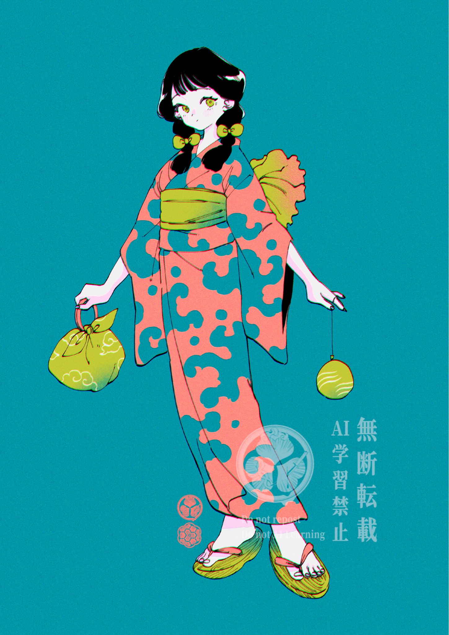 asagiwa ico, original, commentary, highres, symbol-only commentary, 1girl, black hair, blue background, bow, braid, choppy bangs, closed mouth, crest, dot mouth, feet, full body, hair bow, head tilt, holding kinchaku, japanese clothes, kimono, kinchaku, looking at viewer, low twin braids, obi, patterned clothing, pink kimono, pouch, sandals, sash, simple background, solo, standing, toenails, twin braids, water yoyo, watermark, yellow bow, yellow eyes, zouri