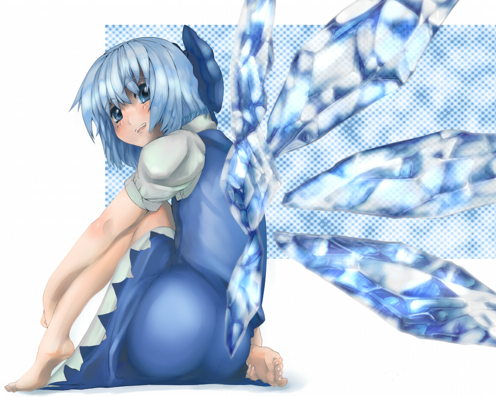 arugeri, cirno, embodiment of scarlet devil, touhou, 1girl, ass, back, barefoot, blue eyes, blue hair, bob cut, dress, feet, female focus, hands on feet, ice, looking back, matching hair/eyes, sitting, smile, solo, white background, wings