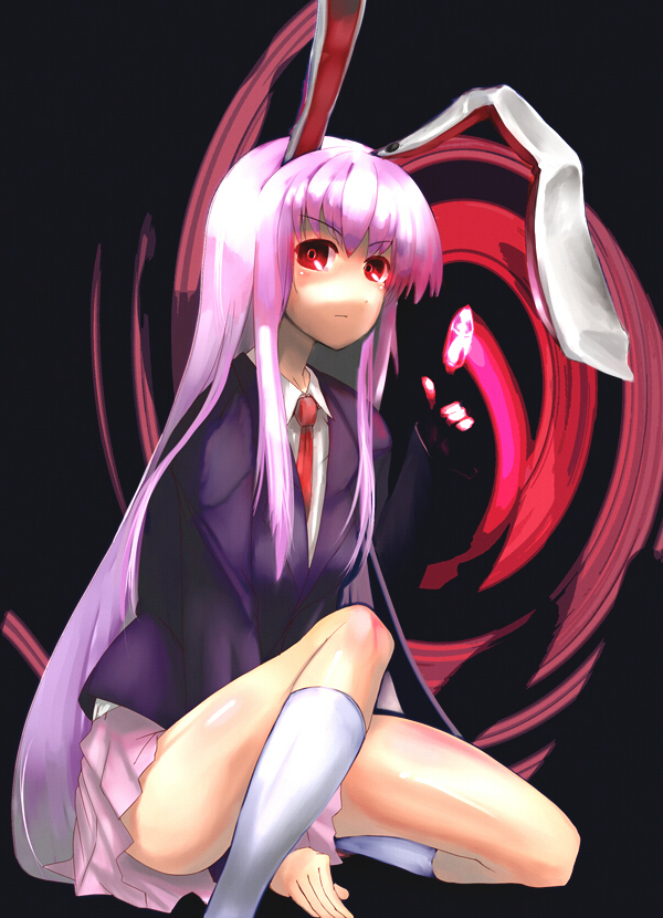 arugeri, reisen udongein inaba, touhou, 1girl, animal ears, blazer, bullet, danmaku, female focus, finger gun, glowing, jacket, long hair, purple hair, rabbit ears, red eyes, skirt, socks, solo, squatting