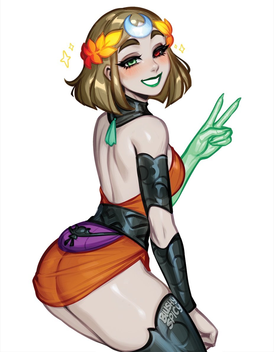 blushyspicy, melinoe (hades), hades (series), hades 2, 1girl, ancient greek clothes, ass, asymmetrical arms, black sclera, blonde hair, bone, breasts, colored sclera, dress, glowing arm, greco-roman clothes, green eyes, green lips, heterochromia, laurel crown, mismatched sclera, orange dress, red eyes, see-through body, short hair, skeletal arm, smile, solo