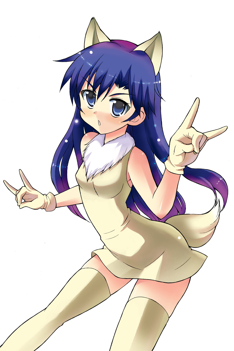 kazuchi, kisaragi chihaya, idolmaster, idolmaster (classic), idolmaster 1, 00s, 1girl, n/, animal ears, blue eyes, blue hair, female focus, fox ears, fox shadow puppet, fox tail, gloves, gradient hair, long hair, matching hair/eyes, multicolored hair, purple hair, solo, tail, thighhighs, zettai ryouiki