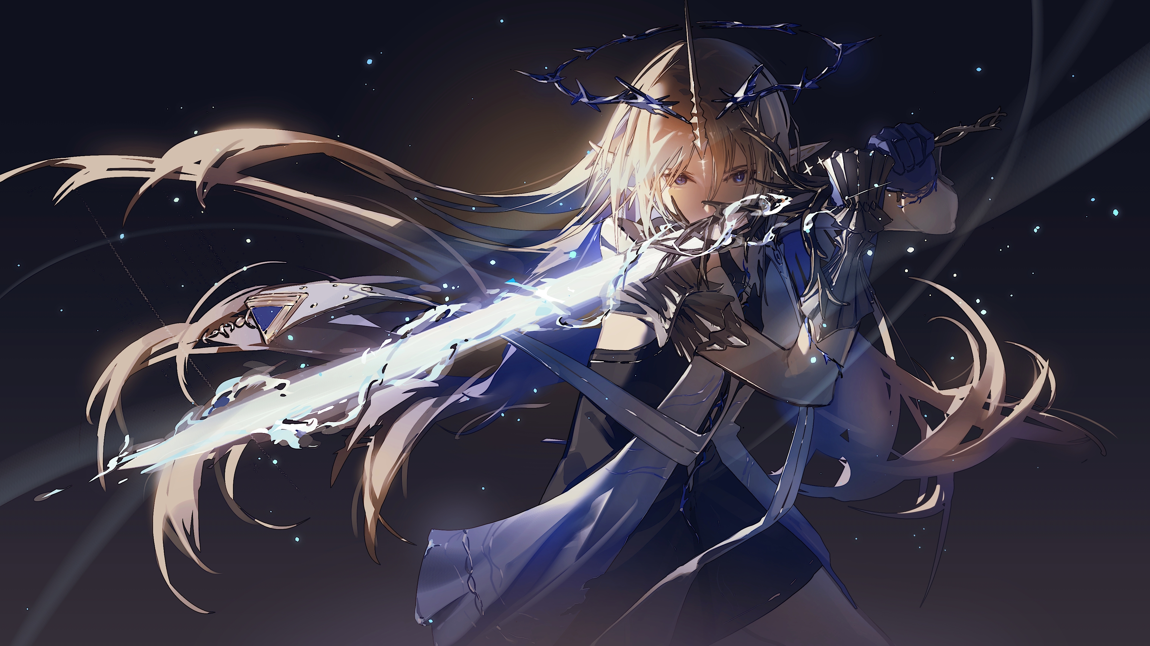 xiao'er yushiwuzheng, fleurdelys (wuthering waves), wuthering waves, absurdres, chinese commentary, commentary, highres, 1girl, bare arms, black background, black dress, blonde hair, blue eyes, blue gloves, cowboy shot, dress, facial mark, fighting stance, floating clothes, floating hair, forehead, forehead mark, gauntlets, gloves, glowing, glowing sword, glowing weapon, gradient background, halo, holding, holding sword, holding weapon, horns, light particles, long hair, looking at viewer, pointy ears, shoulder pads, solo, sword, tacet mark (wuthering waves), unicorn horn, very long hair, weapon