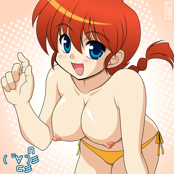 shimeta hiromitsu, ranma-chan, saotome ranma, ranma 1/2, 1girl, blue eyes, braid, braided ponytail, breasts, female focus, genderswap, genderswap (mtf), nipples, no bra, red hair, single braid, solo, topless female