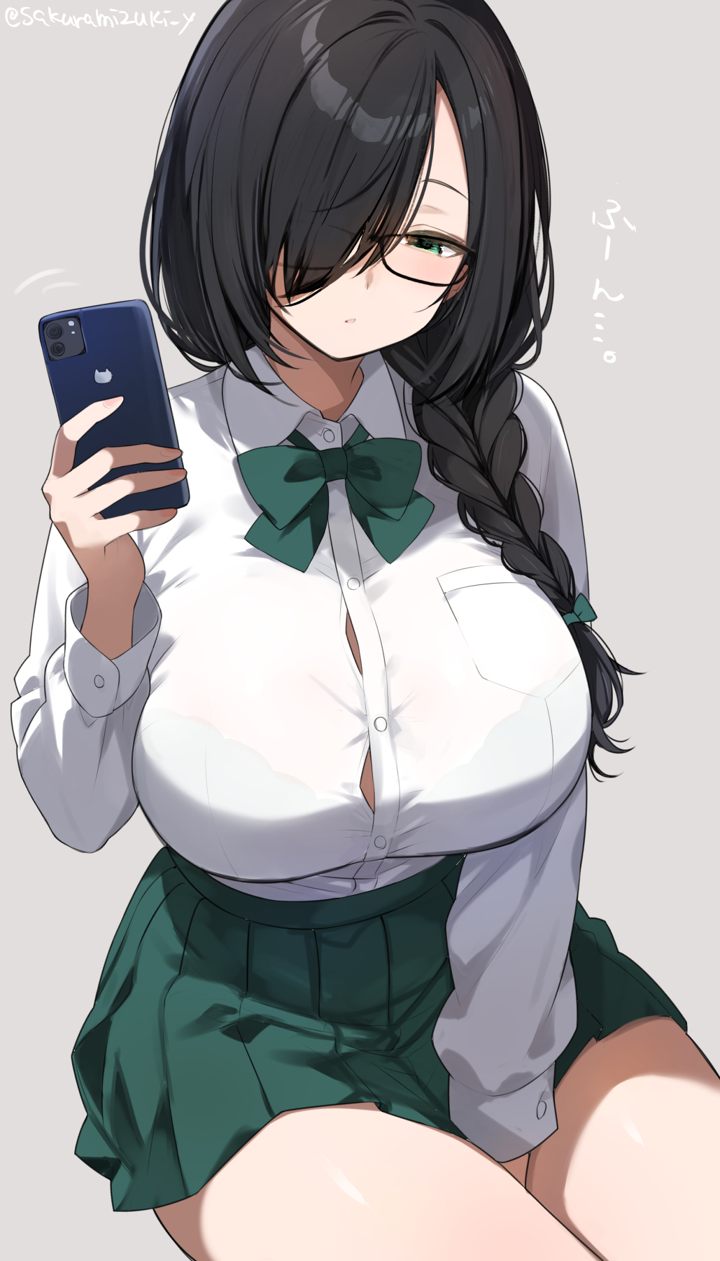 urabanasimati, original, commentary request, highres, translation request, 1girl, black-framed eyewear, bow, bowtie, bra visible through clothes, breasts, button gap, cellphone, glasses, green bow, green bowtie, green eyes, green skirt, grey background, hair over one eye, holding, holding phone, large breasts, long sleeves, looking at viewer, phone, simple background, sitting, skirt, solo, thighs, twitter username