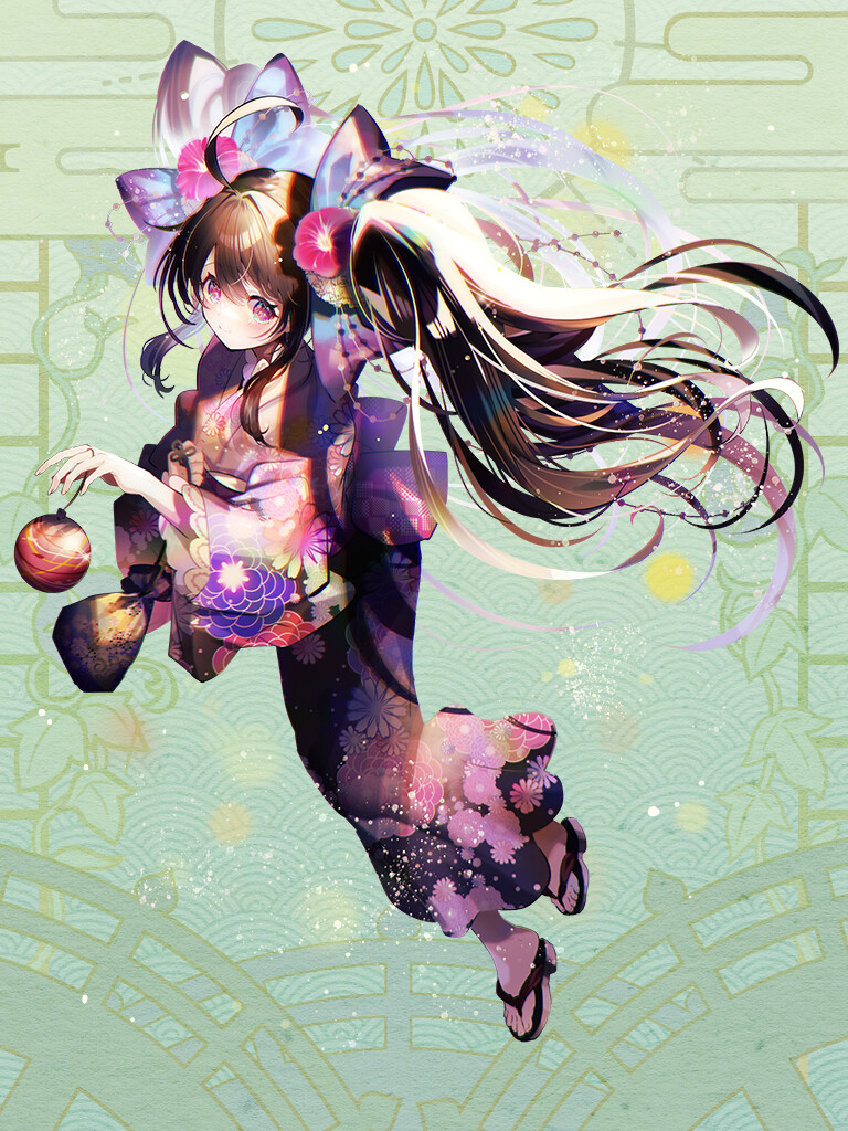 nihakusanren, dairoku ryouhei, 1girl, ahoge, black hair, bow, floral print, floral print kimono, flower, full body, green background, hair bow, hair flower, hair ornament, holding, japanese clothes, kimono, kinchaku, looking at viewer, morning glory, pouch, print kimono, purple eyes, sandals, satsuki ukagami, twintails, water yoyo