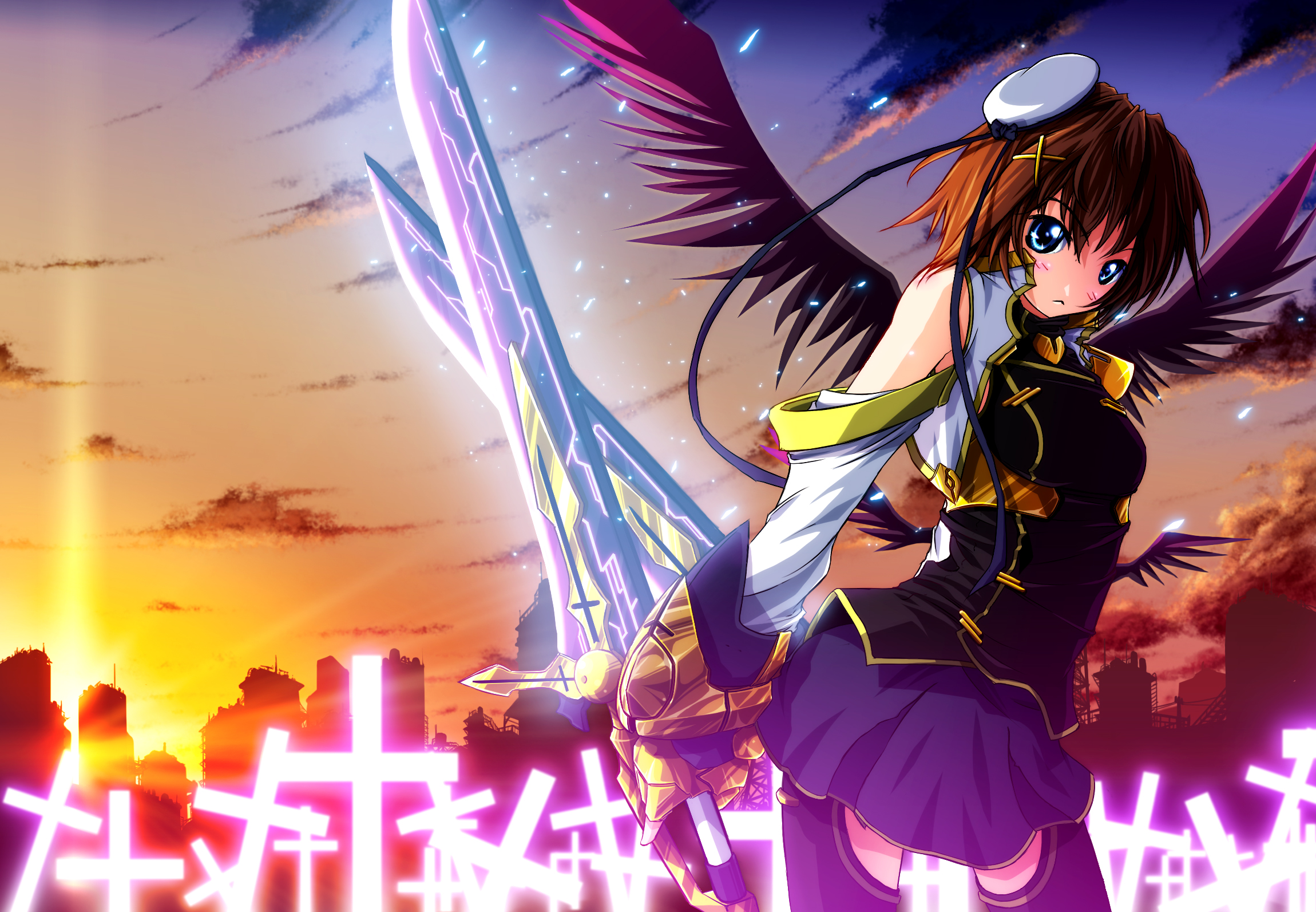 sentaro, yagami hayate, lyrical nanoha, mahou shoujo lyrical nanoha, mahou shoujo lyrical nanoha strikers, highres, 00s, 1girl, alternate costume, blue eyes, blush, brown hair, cross, detached sleeves, dual wielding, female focus, fingerless gloves, gloves, hair ornament, hat, holding, holding behind back, holding sword, holding sword behind back, holding weapon, holding weapon behind back, short hair, skirt, solo, sword, weapon, wings, x hair ornament