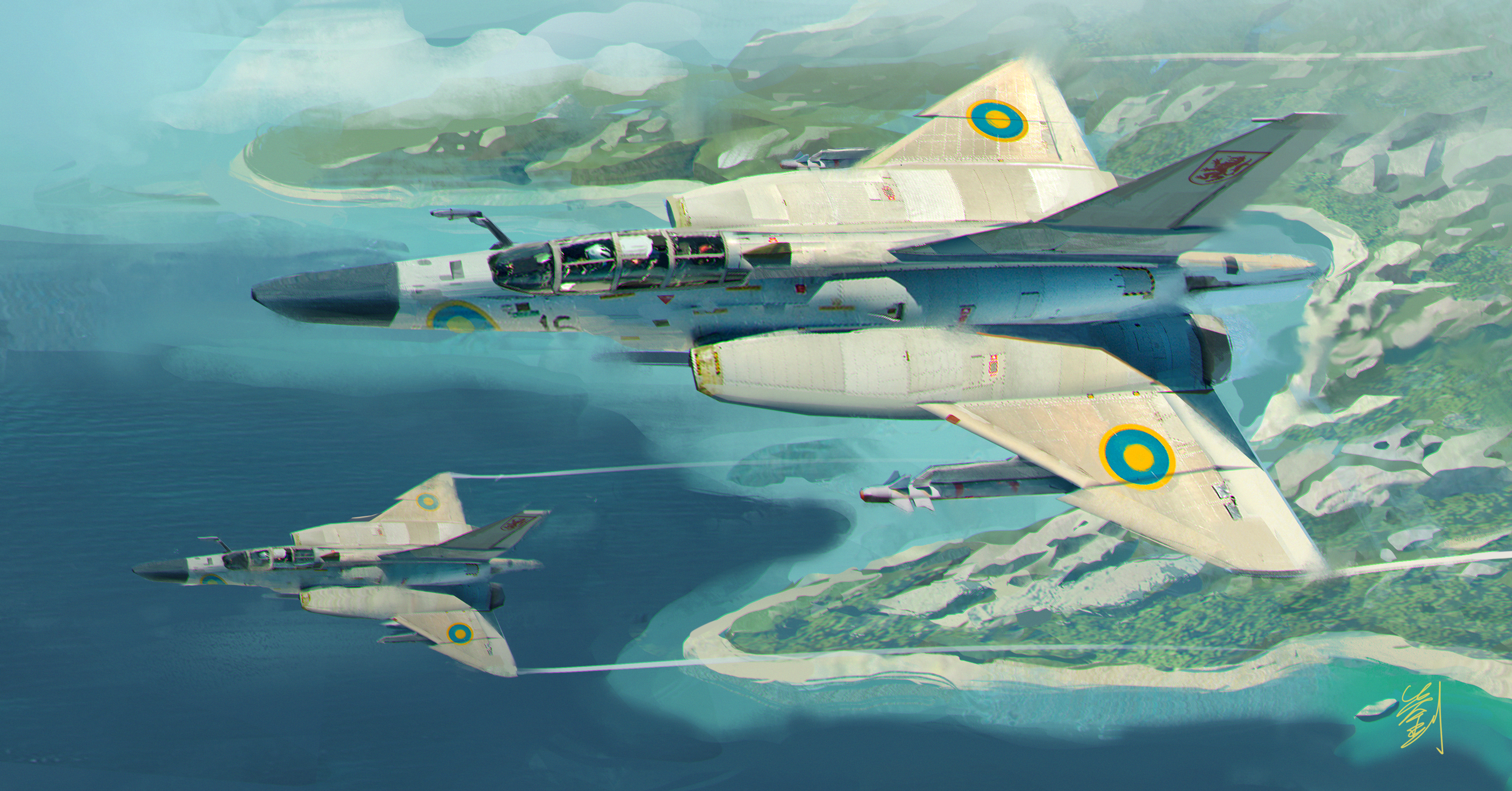 pvtskwerl, original, absurdres, commentary, english commentary, highres, 4others, aim-9 sidewinder, air-to-air missile, aircraft, airplane, beach, canopy (aircraft), cloud, cockpit, contrail, day, fighter jet, flying, helmet, military, military vehicle, missile, multiple others, ocean, outdoors, pilot, pilot helmet, rock, roundel, sand, scenery, shore, signature, tree, vehicle focus, water