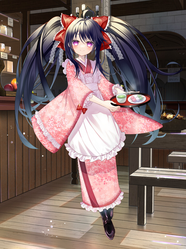 akemitsume, dairoku ryouhei, 1girl, apron, black hair, black shoes, blush, bow, cup, dango, food, full body, hair bow, holding, holding plate, indoors, japanese clothes, long hair, looking at viewer, pink eyes, plate, purple eyes, red bow, satsuki ukagami, shoes, smile, tea, teacup, twintails, very long hair, wagashi, waitress, wooden floor