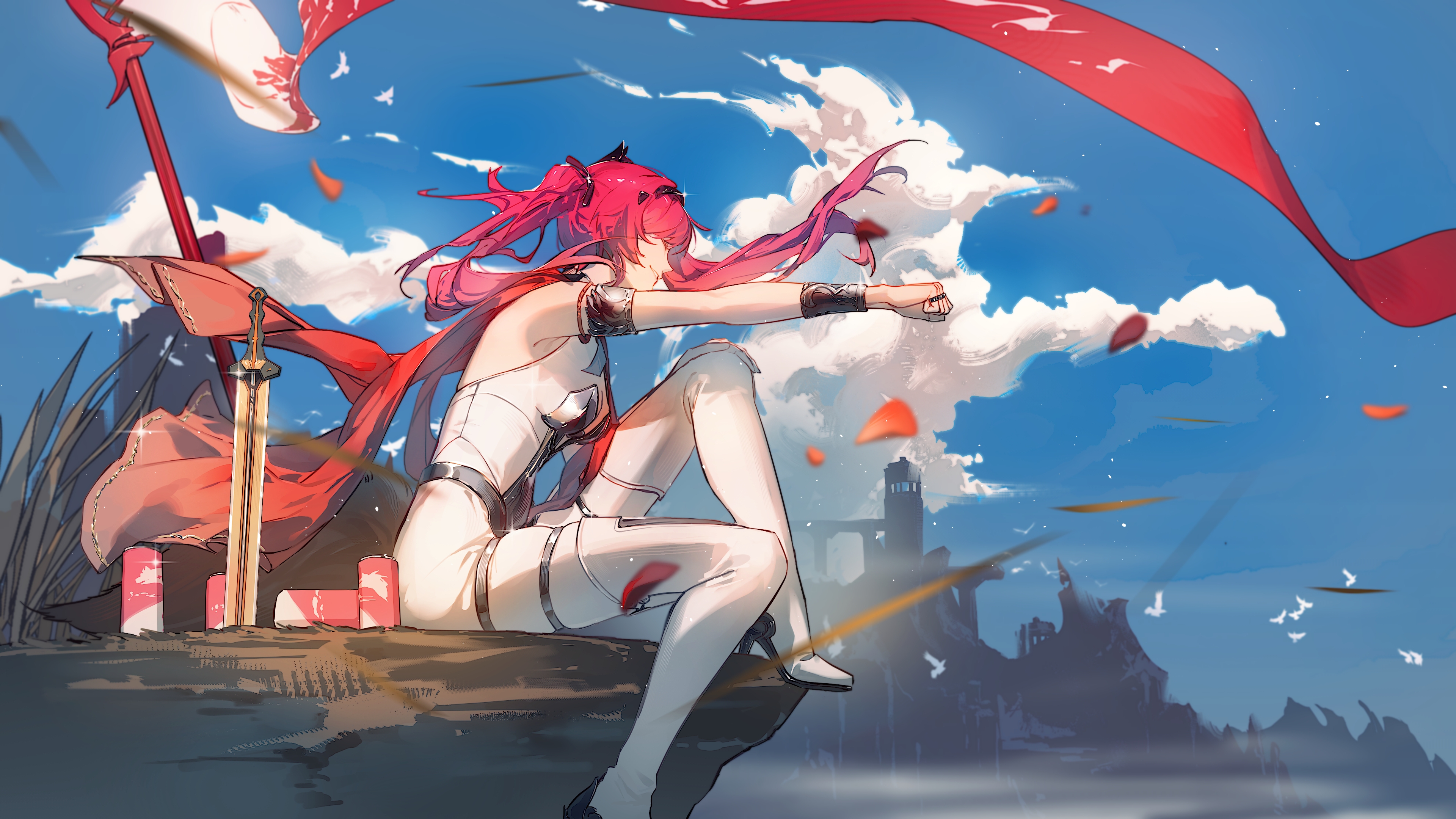 xiao'er yushiwuzheng, lupa (wuthering waves), wuthering waves, absurdres, chinese commentary, commentary, highres, 1girl, armlet, armored bodysuit, backless bodysuit, banner, bare arms, blue sky, bodysuit, boots, can, cape, castle, clenched hand, cliff, closed eyes, cloud, diffraction spikes, drink can, floating cape, floating hair, foot out of frame, from side, grass, hand on own knee, high heels, jewelry, knee up, metal wrist cuffs, outdoors, outstretched arm, planted, planted sword, planted weapon, red cape, red hair, ring, silver armlet, simple bird, sitting, sky, sleeveless, sleeveless bodysuit, smile, solo, sword, thigh boots, twintails, weapon, white bodysuit, white boots
