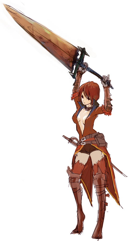 opiu, capcom, monster hunter (series), character request, 1girl, boots, brown eyes, brown hair, female focus, gloves, huge weapon, ioprey (armor), opiu (pixiv167542), short hair, sketch, solo, sword, thighhighs, weapon