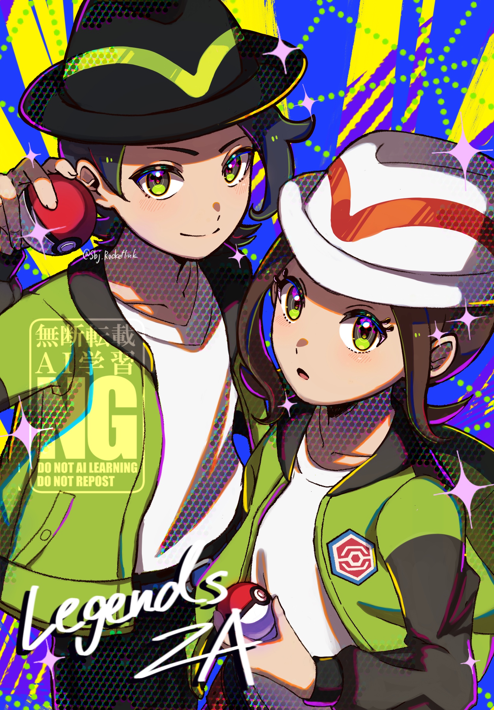 yomogi dango (sbj rocketlink), harmony (pokemon), paxton (pokemon), nintendo, pokemon, pokemon legends: z-a, highres, 1girl, black hair, black hat, blush, breasts, brown hair, closed mouth, green eyes, green jacket, hat, holding, holding poke ball, jacket, long sleeves, looking at viewer, open clothes, open jacket, open mouth, pants, poke ball, poke ball (basic), shirt, short hair, smile, star (symbol), striped hat, white hat, white shirt