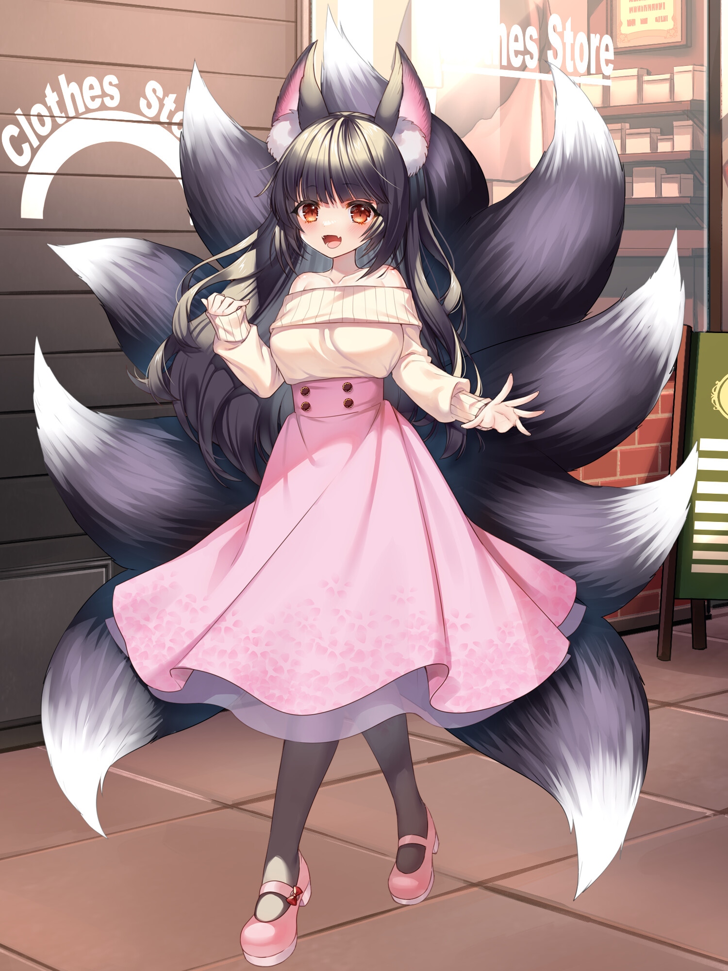 akemitsume, dairoku ryouhei, highres, 1girl, akatsuki akane (dairoku ryouhei), animal ear fluff, animal ears, bare shoulders, black hair, blush, breasts, day, fang, fox ears, full body, hand up, kitsune, kyuubi, long hair, long sleeves, mary janes, medium breasts, multiple tails, outdoors, pantyhose, pink shoes, pink skirt, red eyes, shoes, skin fang, skirt, solo, tail