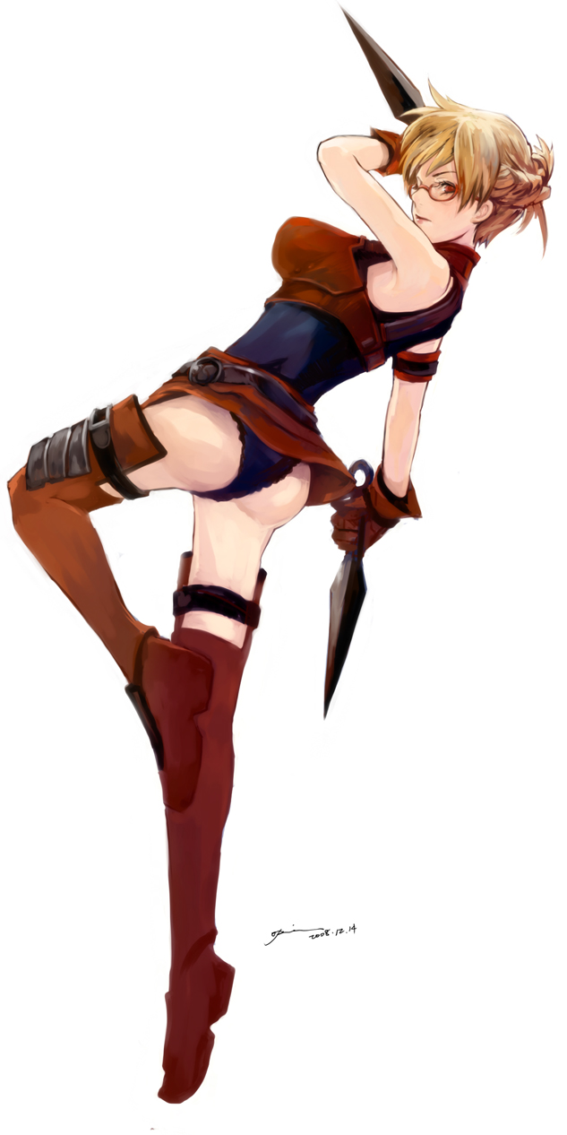 opiu, fantasy earth zero, highres, 1girl, ass, blonde hair, boots, female focus, glasses, knee boots, kunai, legs, lips, opiu (pixiv167542), panties, red eyes, short hair, simple background, solo, thigh strap, thighhighs, underwear, weapon