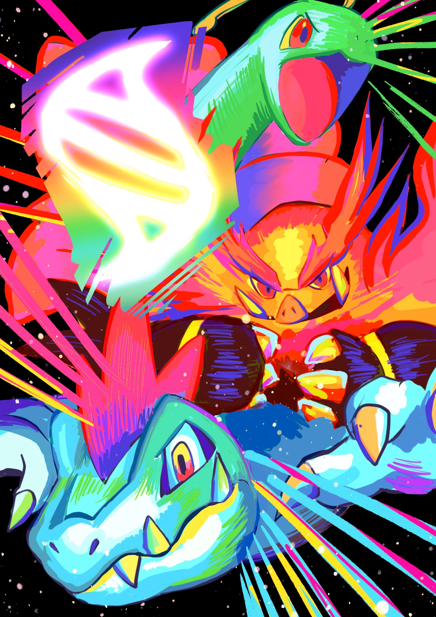 ezgk385, emboar, feraligatr, meganium, nintendo, pokemon, pokemon legends: z-a, highres, claws, closed mouth, fangs, fire, flower, gen 2 pokemon, gen 5 pokemon, mega evolution symbol, no humans, open mouth, pokemon (creature), pokemon focus, red eyes, sharp teeth, starter pokemon trio, teeth