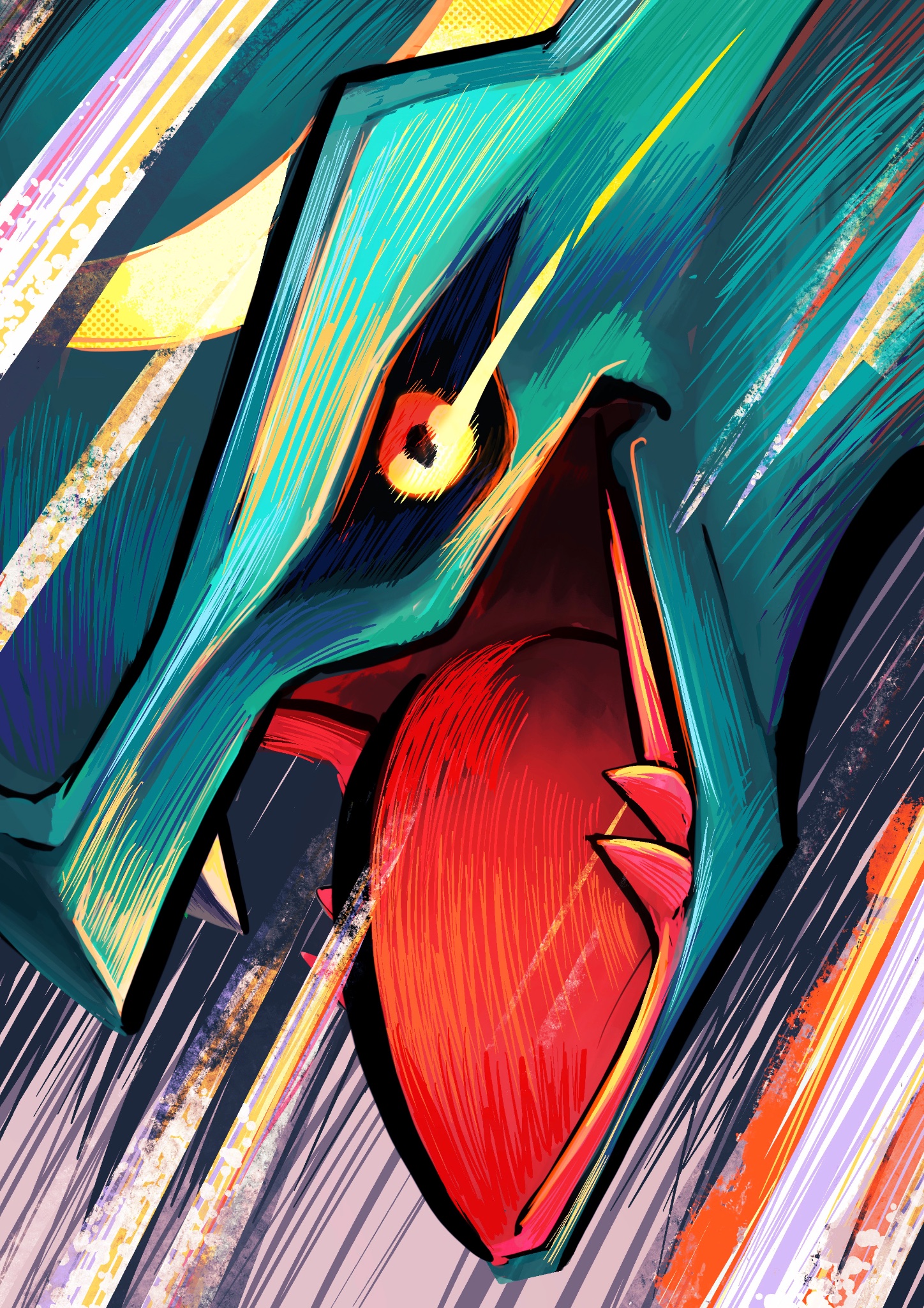 ezgk385, rayquaza, nintendo, pokemon, highres, black sclera, colored sclera, dragon, eastern dragon, fangs, gen 3 pokemon, legendary pokemon, no humans, open mouth, pokemon (creature), pokemon focus, solo, yellow eyes
