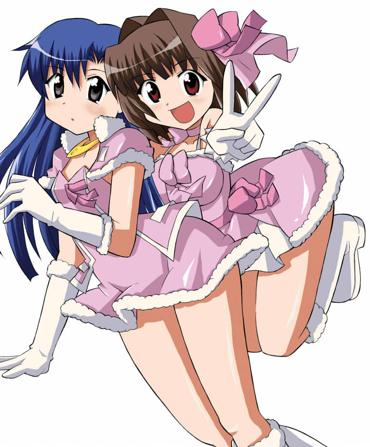 kazuchi, amami haruka, kisaragi chihaya, idolmaster, idolmaster (classic), idolmaster 1, 00s, blue hair, boots, brown hair, cute & girly (idolmaster), dress, gloves, long hair, v