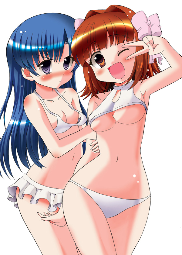 kazuchi, amami haruka, kisaragi chihaya, idolmaster, idolmaster (classic), idolmaster 1, 00s, 2girls, bikini, blue hair, blush, breasts, brown eyes, brown hair, hip focus, long hair, medium breasts, multiple girls, one eye closed, small breasts, swimsuit, underboob, v, v over eye, wide hips, wink
