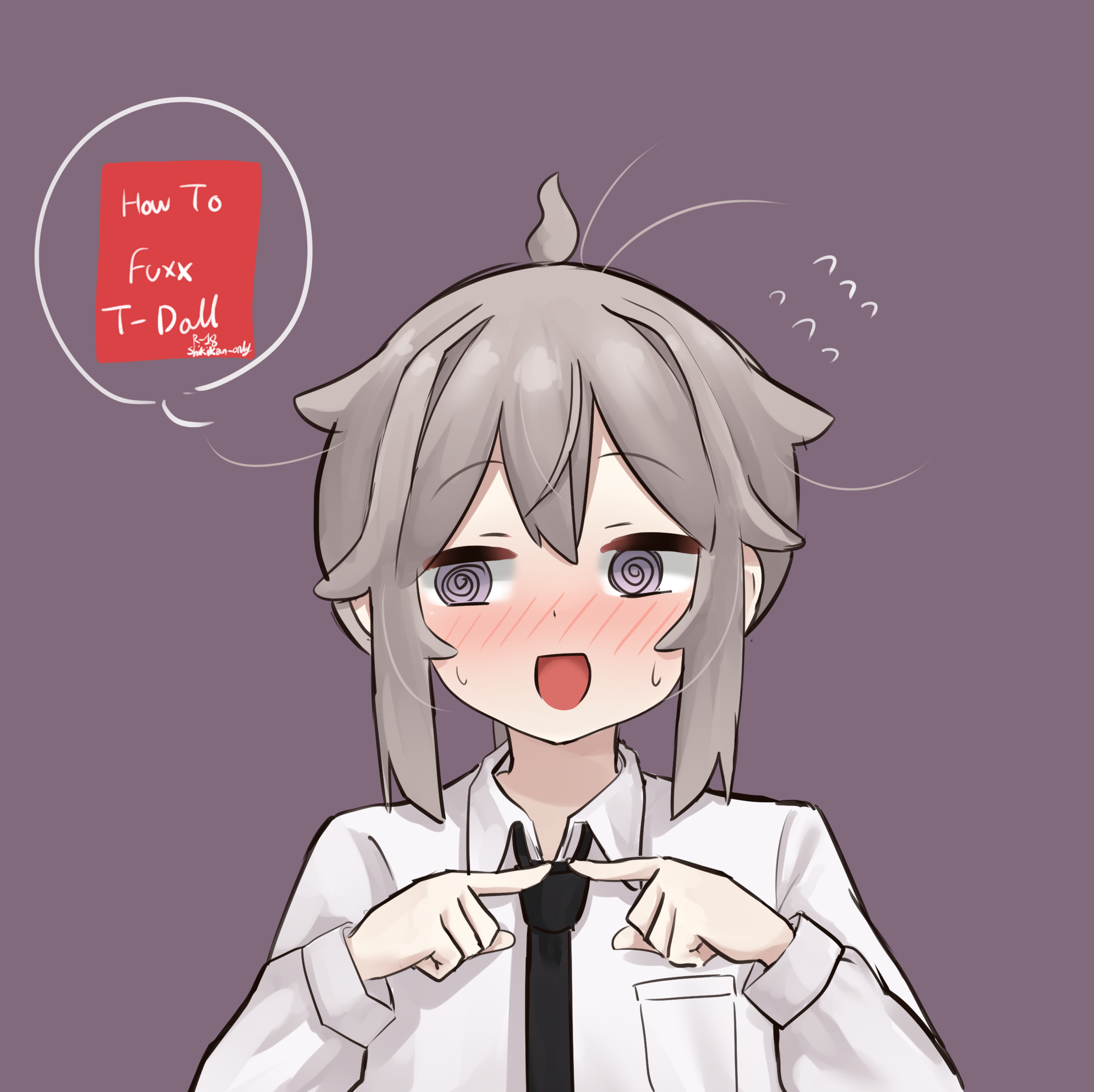 pepsi2330, m200 (girls' frontline), girls' frontline, highres, 1girl, ahoge, blush, breast pocket, censored, censored text, cover, cover page, hair between eyes, index fingers together, long sleeves, necktie, open mouth, pocket, shirt, speech bubble, sweatdrop, white shirt