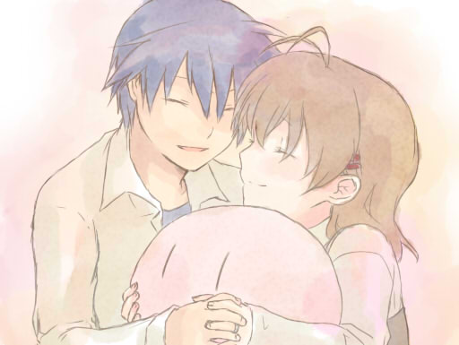 himetsuba, furukawa nagisa, okazaki tomoya, clannad, dango daikazoku, 00s, 1boy, 1girl, antenna hair, blue eyes, brown hair, closed eyes, dango, food, hetero, holding hands, hug, husband and wife, short hair, wagashi