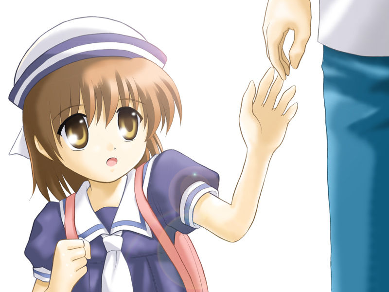 mutsuki masato, okazaki ushio, clannad, 00s, 1girl, ascot, backpack, bag, brown eyes, brown hair, dixie cup hat, dress, hat, holding hands, military hat, sailor, sailor collar, sailor dress, short hair, solo focus