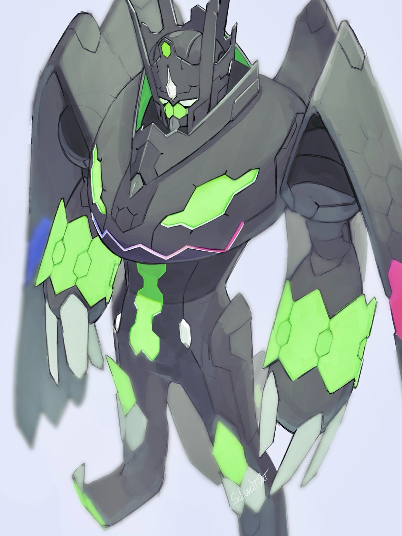 sakuraiisui, zygarde, zygarde (complete), nintendo, pokemon, highres, claws, dragon, full body, gen 6 pokemon, horns, legendary pokemon, no humans, pokemon (creature), pokemon focus, simple background, white eyes, wings