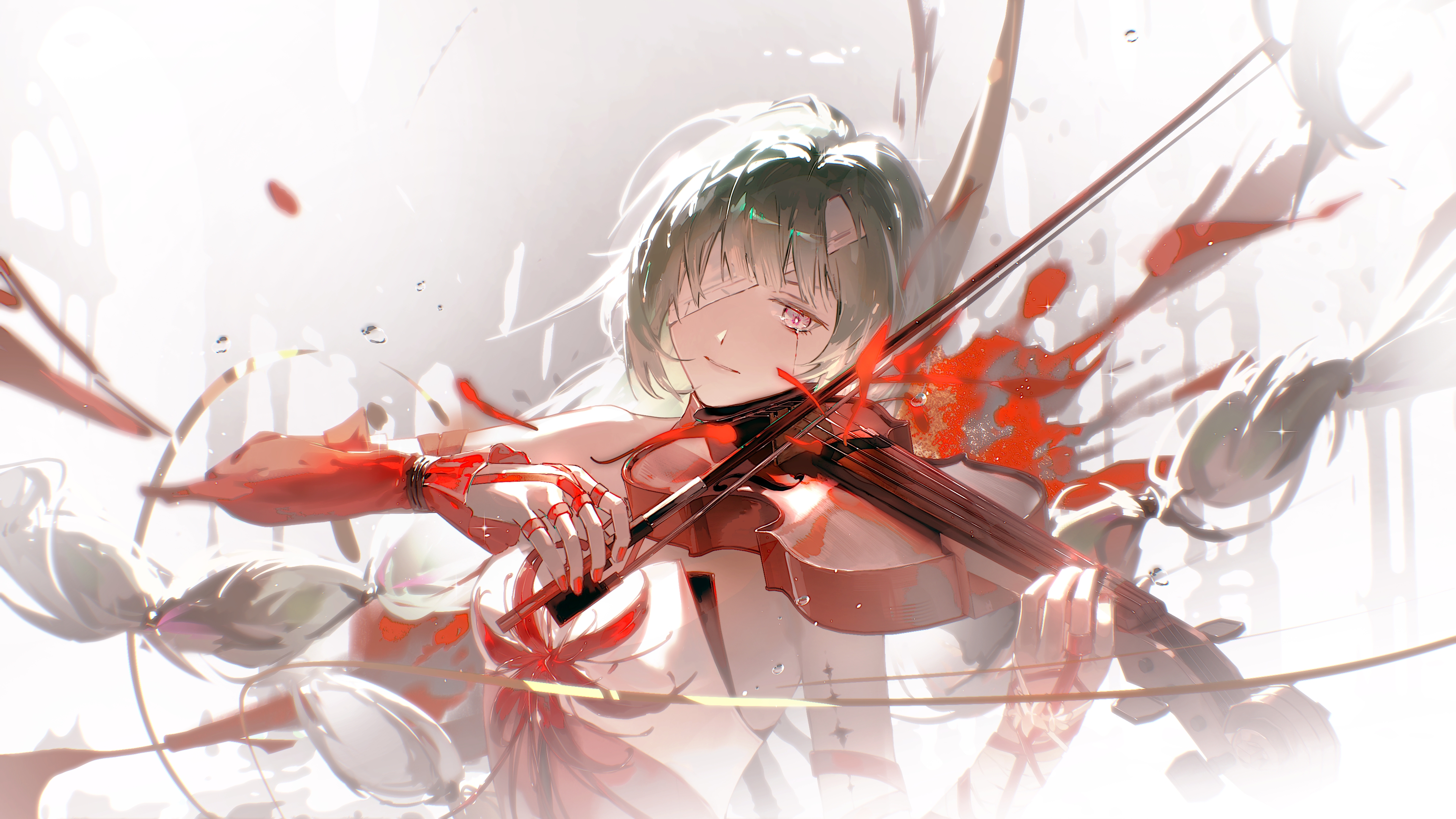 xiao'er yushiwuzheng, phrolova (wuthering waves), wuthering waves, absurdres, chinese commentary, commentary request, highres, partial commentary, 1girl, bandage over one eye, bandaged arm, bandages, bare shoulders, blood, bloody tears, body markings, bow (music), detached sleeves, diffraction spikes, dress, floating hair, flower, flower dress, flower on chest, green hair, grey eyes, halter dress, halterneck, head tilt, holding, holding instrument, holding violin, instrument, light particles, long hair, looking at viewer, low-tied long hair, low twintails, music, nail polish, one eye covered, parted lips, playing instrument, red flower, red nails, red sleeves, solo, spider lily, tacet mark (wuthering waves), twintails, upper body, violin