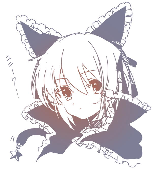 kuuma25 kuma, nagato yuki, suzumiya haruhi no yuuutsu, commentary, 1girl, animal ears, cape, cat tail, closed mouth, expressionless, fake animal ears, hair ribbon, monochrome, portrait, ribbon, short hair, sketch, solo, tail