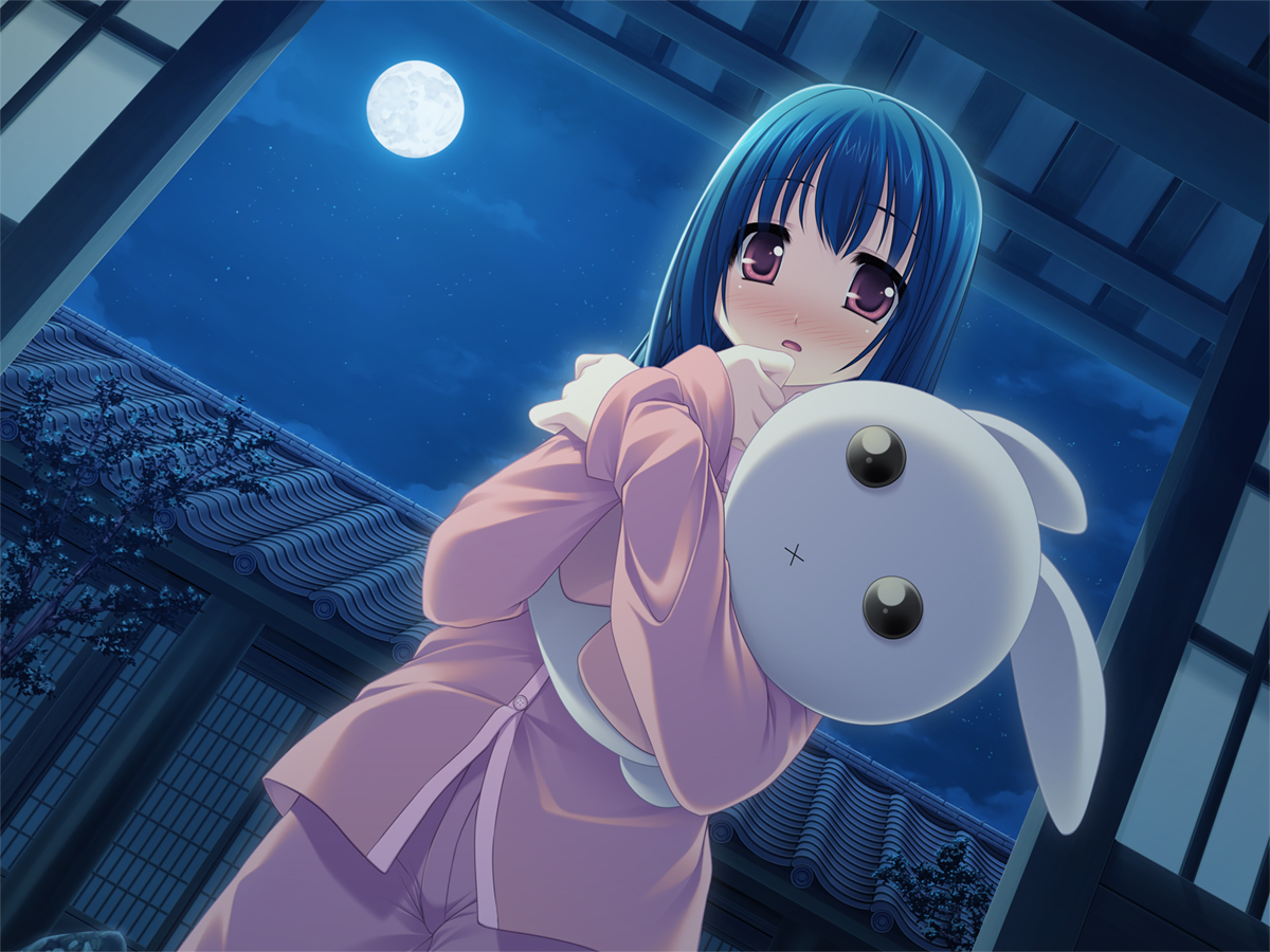 purapa, original, 1girl, architecture, backlighting, blue hair, blush, east asian architecture, female focus, from below, full moon, holding, holding stuffed toy, hugging doll, hugging object, moon, night, pajamas, red eyes, sky, sliding doors, solo, star (sky), starry sky, stuffed animal, stuffed rabbit, stuffed toy