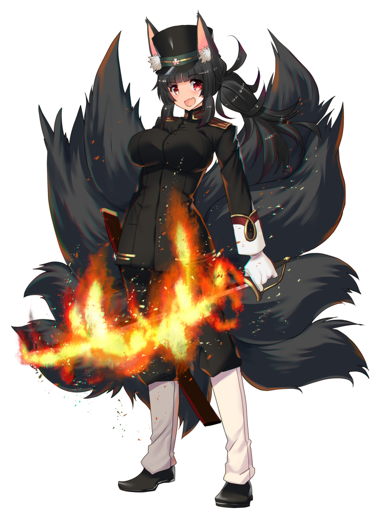 tajima yoshikazu, dairoku ryouhei, 1girl, :d, akatsuki akane (dairoku ryouhei), animal ears, black hair, black hat, black shirt, black shoes, breasts, fang, fire, flaming sword, flaming weapon, fox ears, full body, gloves, gold trim, hat, holding, holding sword, holding weapon, kitsune, kyuubi, large breasts, long hair, long sleeves, looking at viewer, multiple tails, open mouth, red eyes, shirt, shoes, skin fang, smile, solo, standing, sword, tail, transparent background, weapon, white gloves