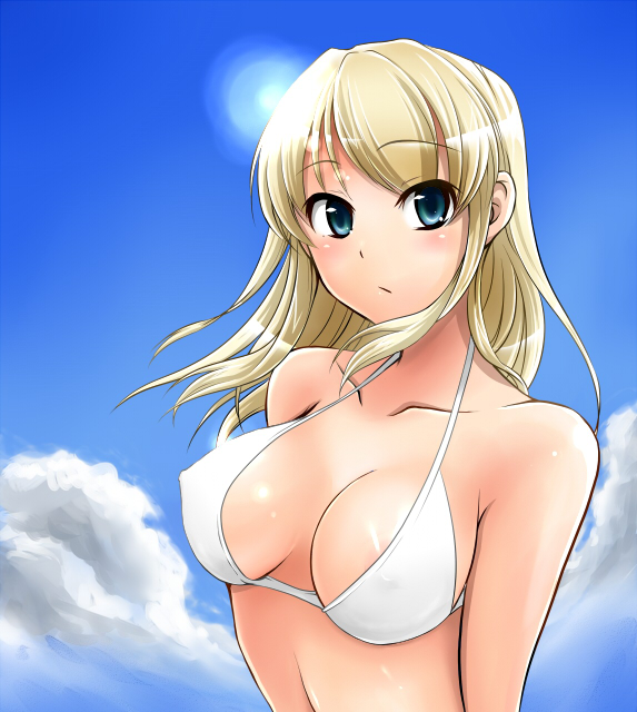 pochi (pochi-goya), bad id, bad pixiv id, 1girl, bikini, blonde hair, blue eyes, cloud, day, female focus, long hair, sky, solo, swimsuit, white bikini