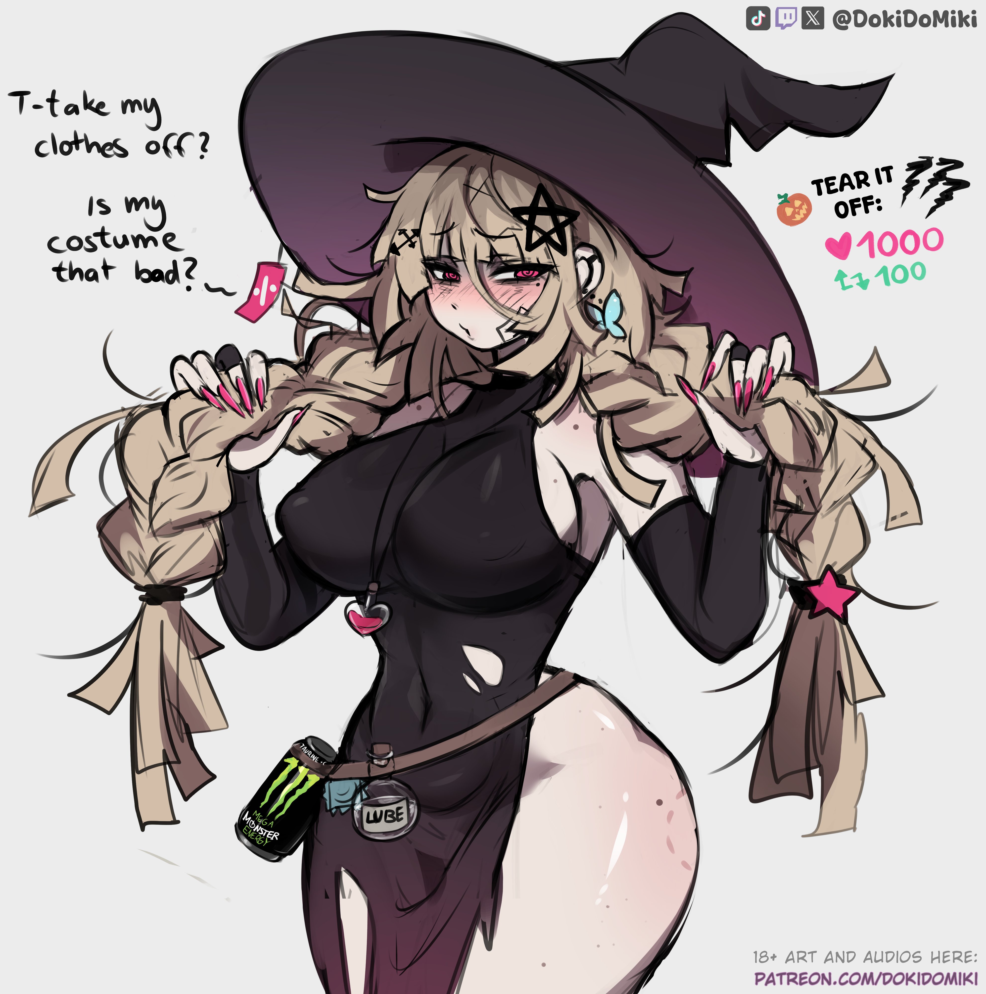 dokidomiki, miki (dokidomiki), monster energy, original, absurdres, commentary, english commentary, highres, 1girl, artist name, bite mark, bite mark on thigh, black dress, black sleeves, blonde hair, blush, bottle, braid, breasts, butterfly earrings, can, condom, condom wrapper, covered erect nipples, cowboy shot, curvy, detached sleeves, dress, drink can, earrings, english text, fingernails, grabbing own hair, hair between eyes, hair ornament, hat, heart, holding, holding own hair, jewelry, large breasts, long hair, looking at viewer, lube, messy hair, mole, mole on thigh, nail polish, necklace, patreon username, pink eyes, pink nails, potion, puckered lips, purple hat, simple background, solo, star (symbol), star hair ornament, talking, thighs, tiktok username, twin braids, twitch username, twitter strip game, twitter username, white background, witch hat