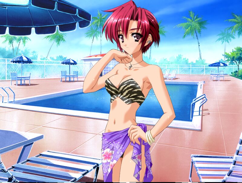 game cg, jpeg artifacts, non-web source, 1girl, arm up, brown eyes, chain-link fence, chair, cowboy shot, cross, cross necklace, day, female focus, fence, jewelry, lounge chair, necklace, outdoors, palm tree, parasol, pool, pool ladder, poolside, red hair, sarong, short hair, solo, standing, tachi-e, tree, umbrella