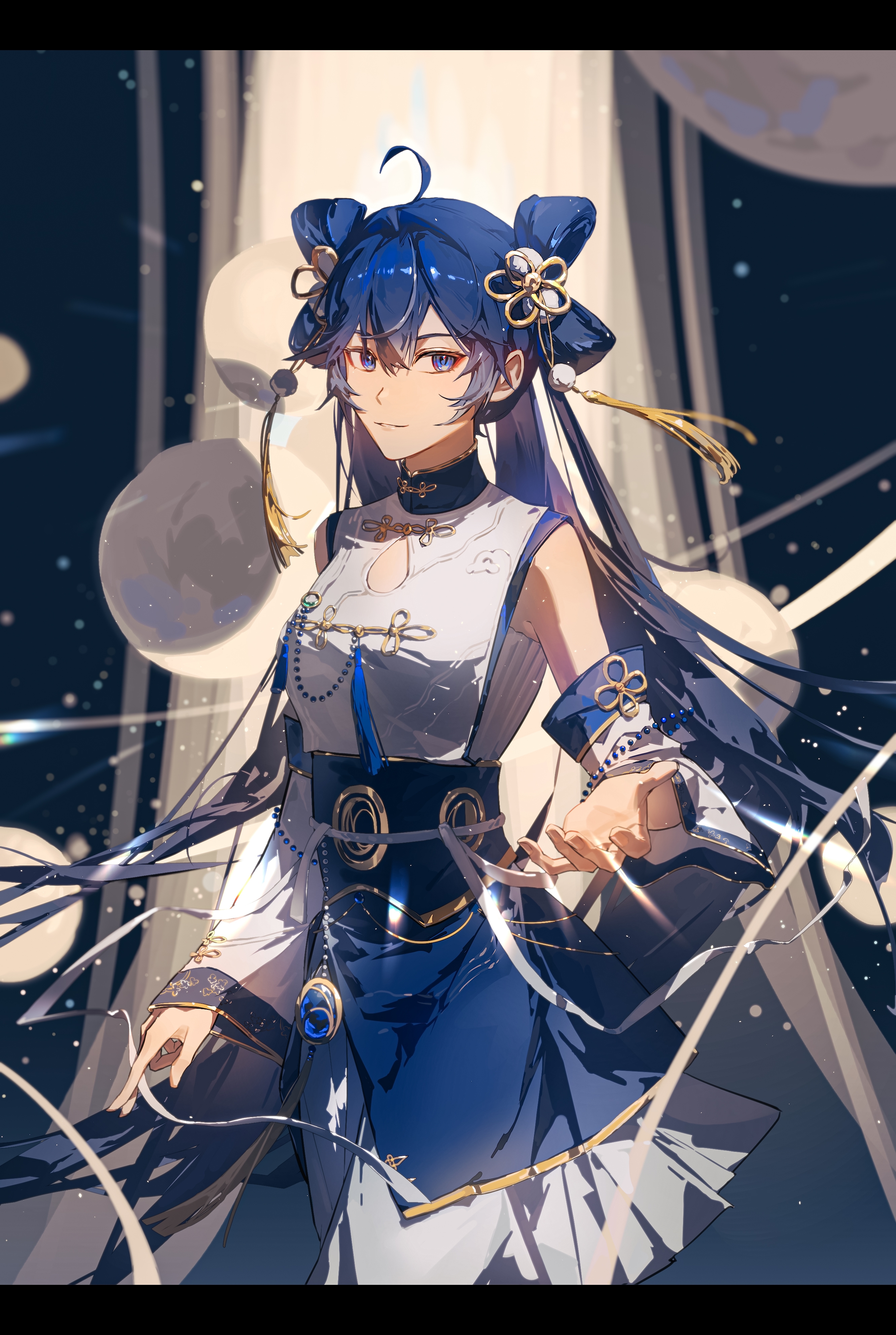 xiao'er yushiwuzheng, iuno (wuthering waves), wuthering waves, absurdres, chinese commentary, commentary, highres, 1girl, ahoge, black border, blue eyes, blue hair, blue sash, blurry, blurry background, border, chinese clothes, chinese knot, cowboy shot, detached sleeves, eyeliner, folded hair, hair between eyes, hair ornament, knot hair ornament, lens flare, letterboxed, light particles, makeup, mandarin collar, moon, moon phases, multiple moons, official alternate costume, outstretched arm, pom pom (clothes), pom pom hair ornament, reaching, reaching towards viewer, red eyeliner, sash, shirt, sleeveless, sleeveless shirt, solo, tassel, tassel hair ornament, twintails, white sleeves