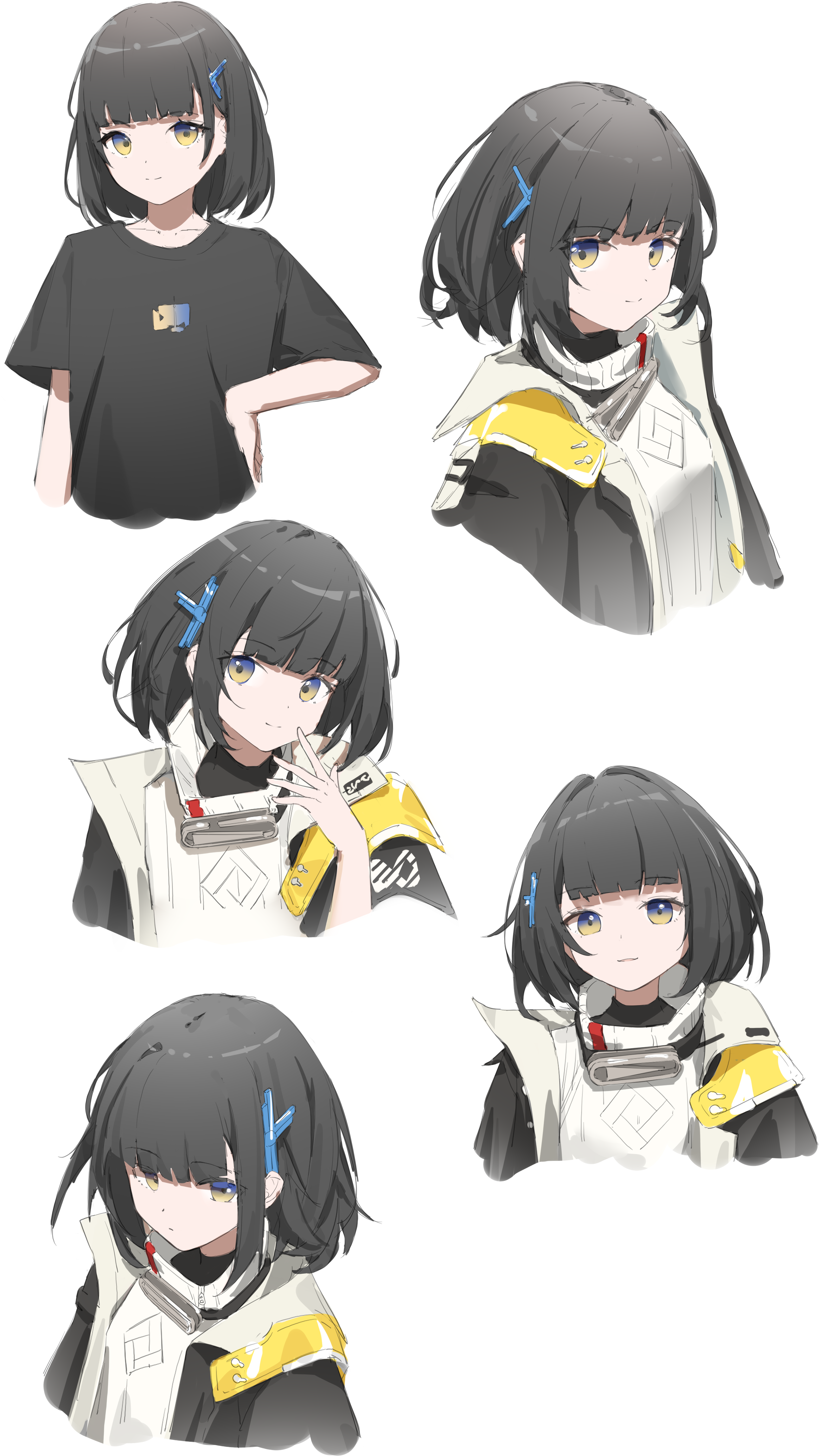 endministrator (arknights), female endministrator (arknights), arknights, arknights: endfield, absurdres, artist request, chinese commentary, commentary request, highres, 1girl, black coat, black hair, black shirt, blue eyes, closed mouth, coat, cropped torso, light smile, looking at viewer, multicolored eyes, multiple views, open clothes, open coat, shirt, short hair, simple background, sweater, two-tone eyes, white background, white sweater, yellow eyes