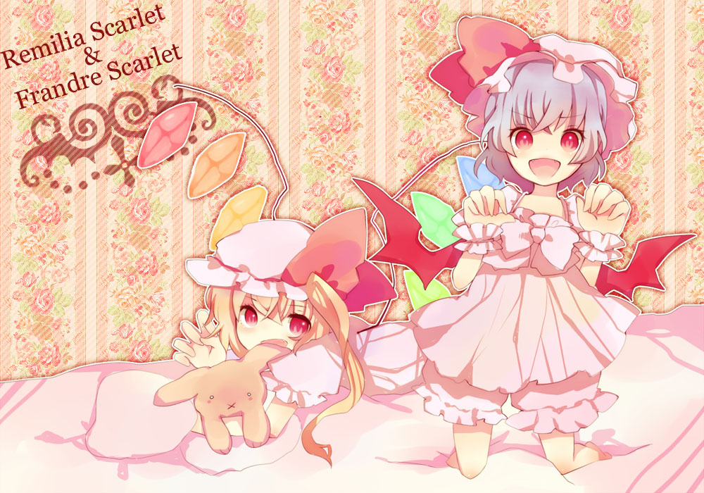 miyako (xxxbibit), myk, flandre scarlet, remilia scarlet, touhou, bad id, bad pixiv id, 2girls, barefoot, bat wings, blonde hair, bloomers, blue hair, character name, fang, fangs, female focus, multiple girls, red eyes, ribbon, siblings, sisters, stuffed animal, stuffed rabbit, stuffed toy, underwear, vampire, wings