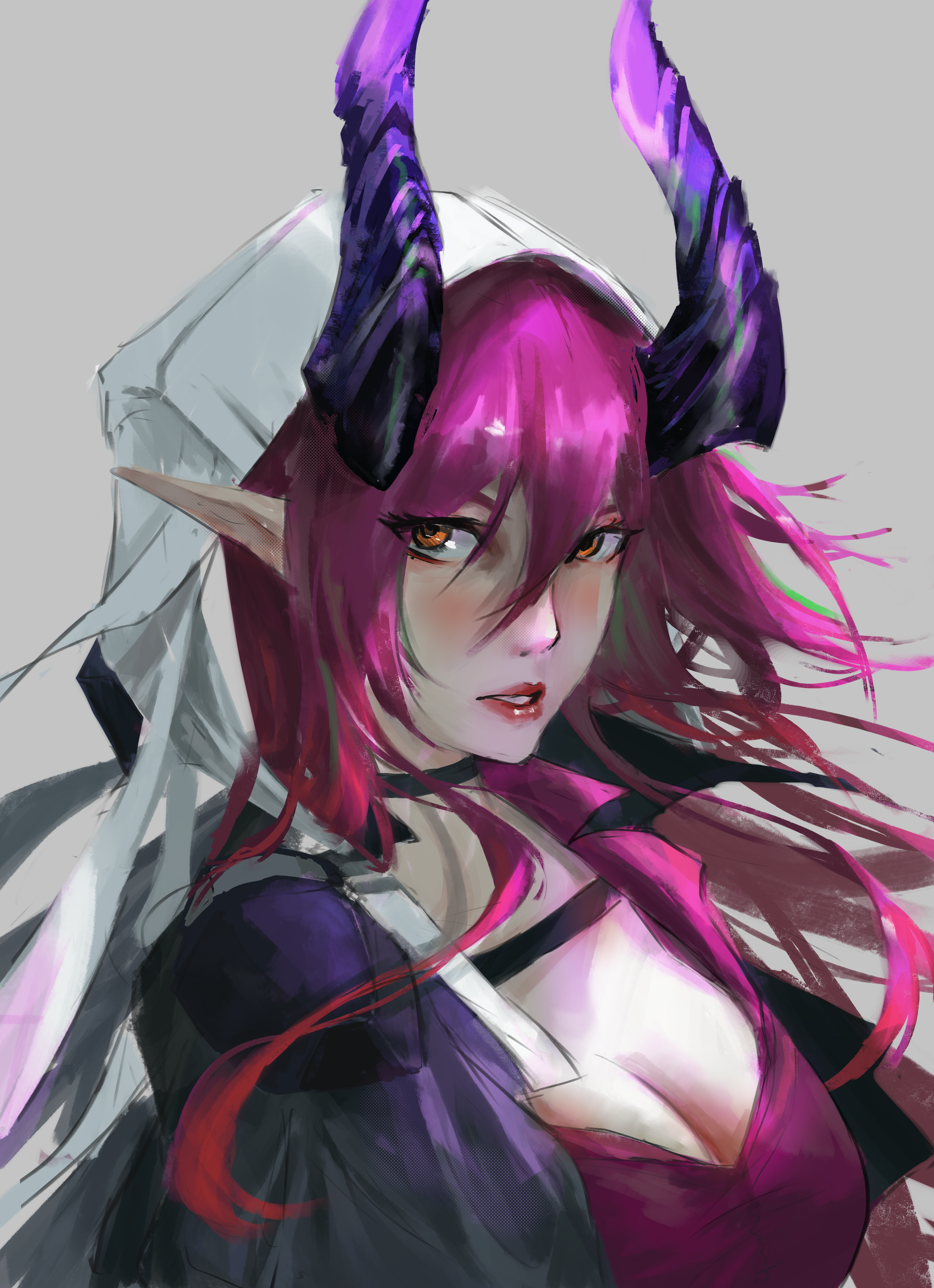 tometome1342, ascalon (arknights), arknights, absurdres, commentary, english commentary, highres, 1girl, black choker, breasts, choker, cleavage, demon girl, demon horns, grey background, hair between eyes, hood, hood up, horns, large breasts, long hair, looking at viewer, open mouth, pointy ears, purple horns, purple shirt, shirt, simple background, solo, upper body, white hood