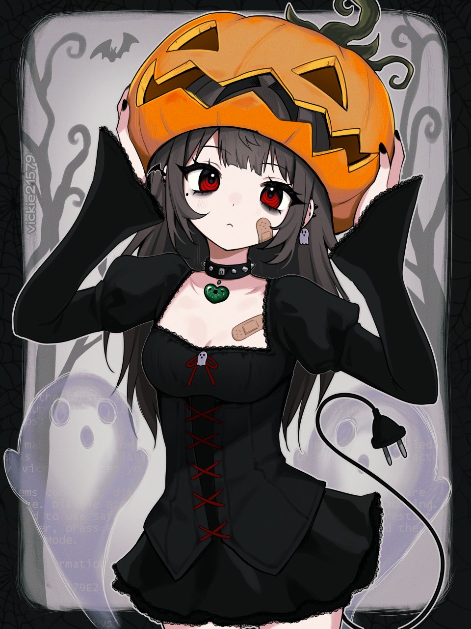 vickie (cryingrobot), vickie (cryingrobot) (character), original, highres, 1girl, bags under eyes, bandaid, bandaid on cheek, bandaid on face, black dress, black nails, brown hair, cable, cable tail, choker, closed mouth, cowboy shot, dress, ear piercing, earrings, electric plug, electric plug tail, ghost, halloween, heart, holding, jack-o'-lantern, jack-o'-lantern hat, jewelry, long hair, long sleeves, looking at viewer, mechanical tail, mole, mole under eye, nail polish, piercing, pumpkin, red eyes, short dress, solo, tail