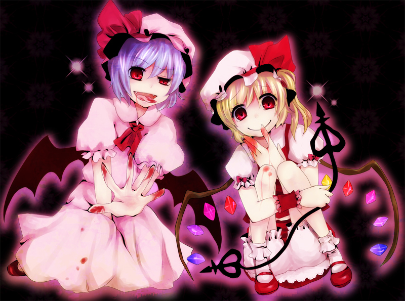 miyako (xxxbibit), myk, flandre scarlet, remilia scarlet, touhou, bad id, bad pixiv id, 2girls, blonde hair, blood, bloomers, blue hair, fang, fangs, female focus, hat, laevatein, multiple girls, red eyes, ribbon, siblings, sisters, underwear, wings