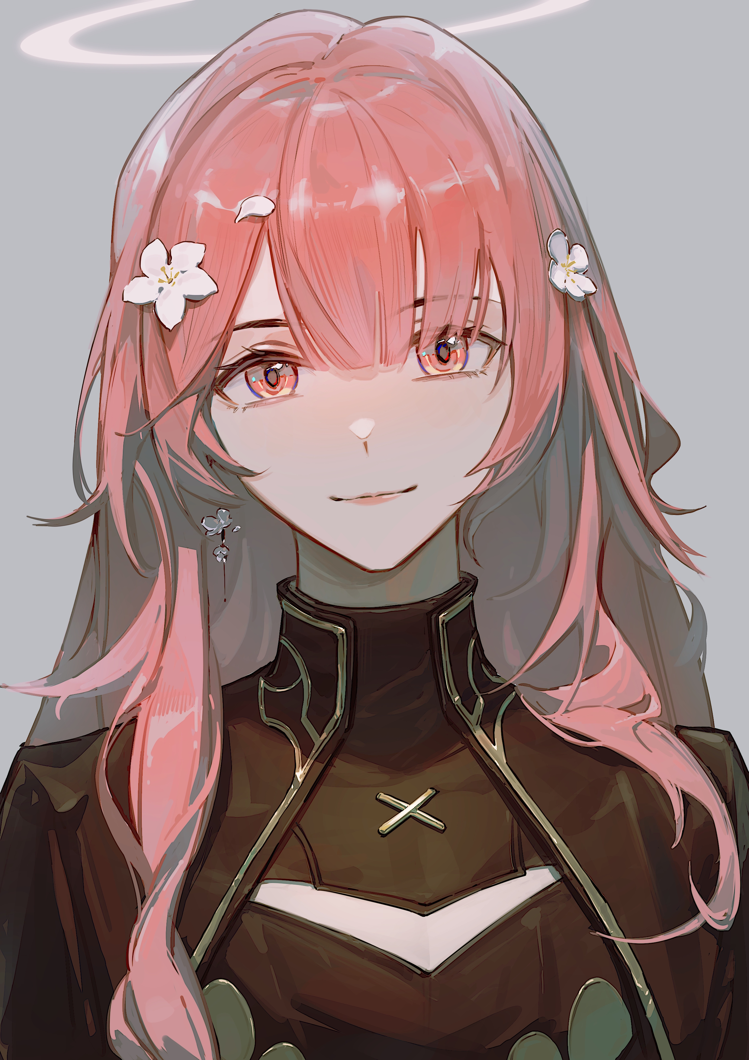 xiao'er yushiwuzheng, lemuen (arknights), arknights, absurdres, chinese commentary, commentary, highres, 1girl, asymmetrical bangs, black shirt, cleavage cutout, clothing cutout, earrings, flower, flower earrings, grey background, hair flower, hair ornament, halo, head tilt, jewelry, long hair, looking at viewer, pink eyes, pink hair, shirt, simple background, single earring, smile, solo, upper body, white flower