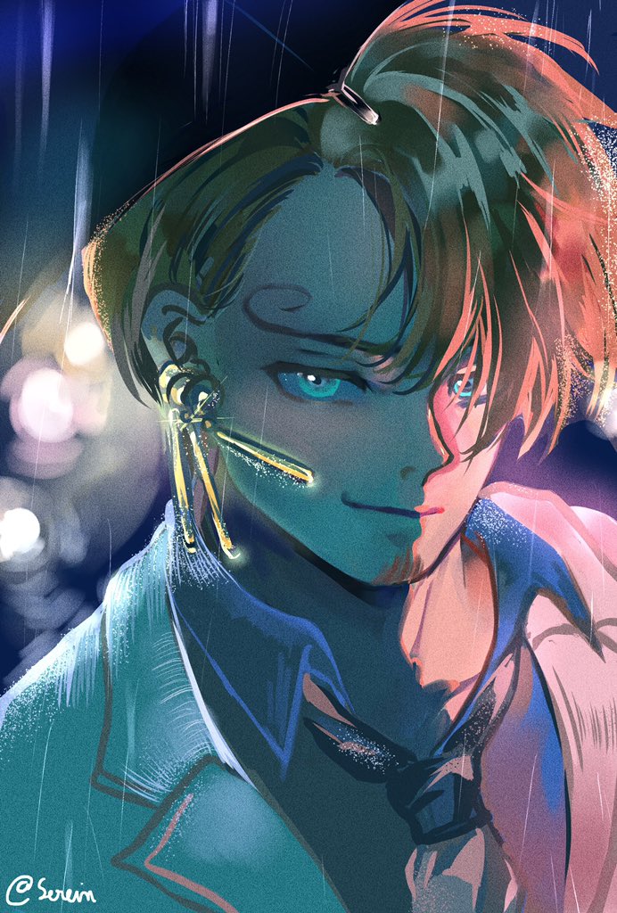 serein, sanji (one piece), one piece, commentary, symbol-only commentary, 1boy, blue eyes, closed mouth, collared shirt, curly eyebrows, earrings, hair behind ear, hair over one eye, jacket, jewelry, looking at viewer, male focus, necktie, shirt, smile, solo, twitter username, umbrella, white jacket