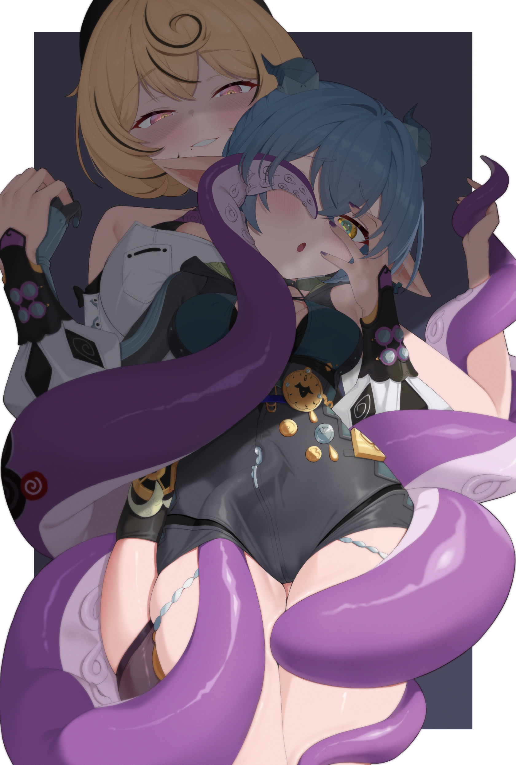 maru039, zenless zone zero, absurdres, highres, 2girls, @ @, black hair, black shorts, blonde hair, blue hair, blue shirt, blush, breasts, closed mouth, goat girl, goat horns, hand on another's face, high-waist shorts, horns, large breasts, looking at viewer, lucia elowen, medium breasts, mole, mole under mouth, multicolored hair, multiple girls, pointy ears, shirt, shorts, streaked hair, tentacle girl, tentacles, white shirt, yellow eyes, yidhari murphy, yuri