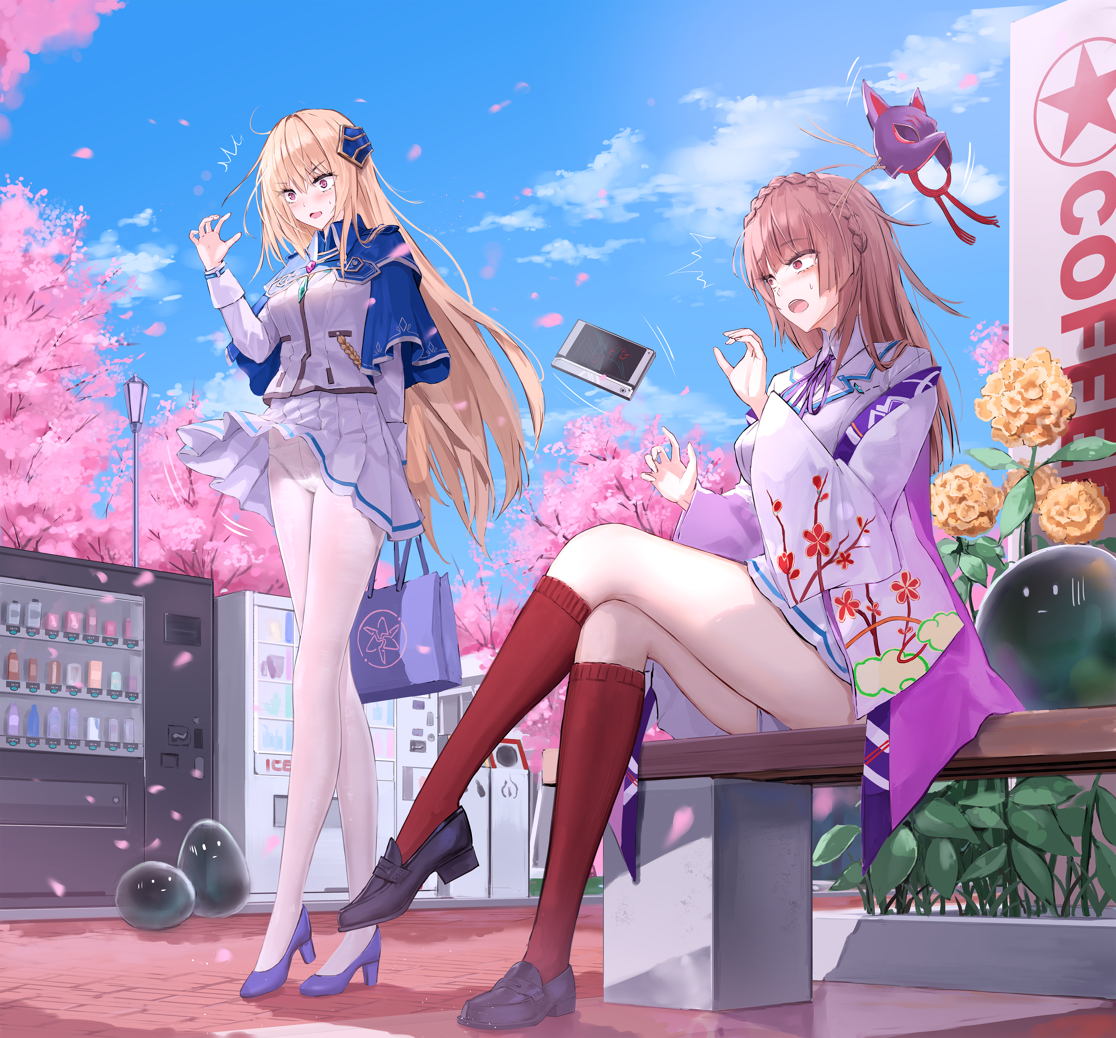 yuzuriha (atelier liang), kiryuu miya, shirakawa yuina, heaven burns red, absurdres, commission, commissioner upload, highres, 2girls, ^^^, arm behind back, bag, bench, blonde hair, blue capelet, blue ribbon, blue sky, blush, braid, breasts, brown hair, buttons, capelet, cherry blossoms, clothes lift, cloud, collared shirt, crossed legs, crown braid, day, dropping, floral print, flower, fox mask, full body, hair ornament, high heels, holding, holding bag, jacket, japanese clothes, jewelry, kimono, kneehighs, legs, loafers, long hair, long sleeves, looking at another, mask, medium breasts, miniskirt, multiple girls, narby (heaven burns red), neck ribbon, on bench, open mouth, outdoors, panties, panties under pantyhose, pantyhose, pantyshot, petals, phone, pink eyes, pleated skirt, purple eyes, purple ribbon, red eyes, red socks, ribbon, school bag, school uniform, shirt, shoes, sitting, skirt, skirt lift, sky, socks, standing, surprised, teeth, thighs, trash can, tree, underwear, upper teeth only, upskirt, vending machine, very long hair, wallet, white jacket, white kimono, white panties, white pantyhose, white shirt, white skirt, wide sleeves, wind, wind lift