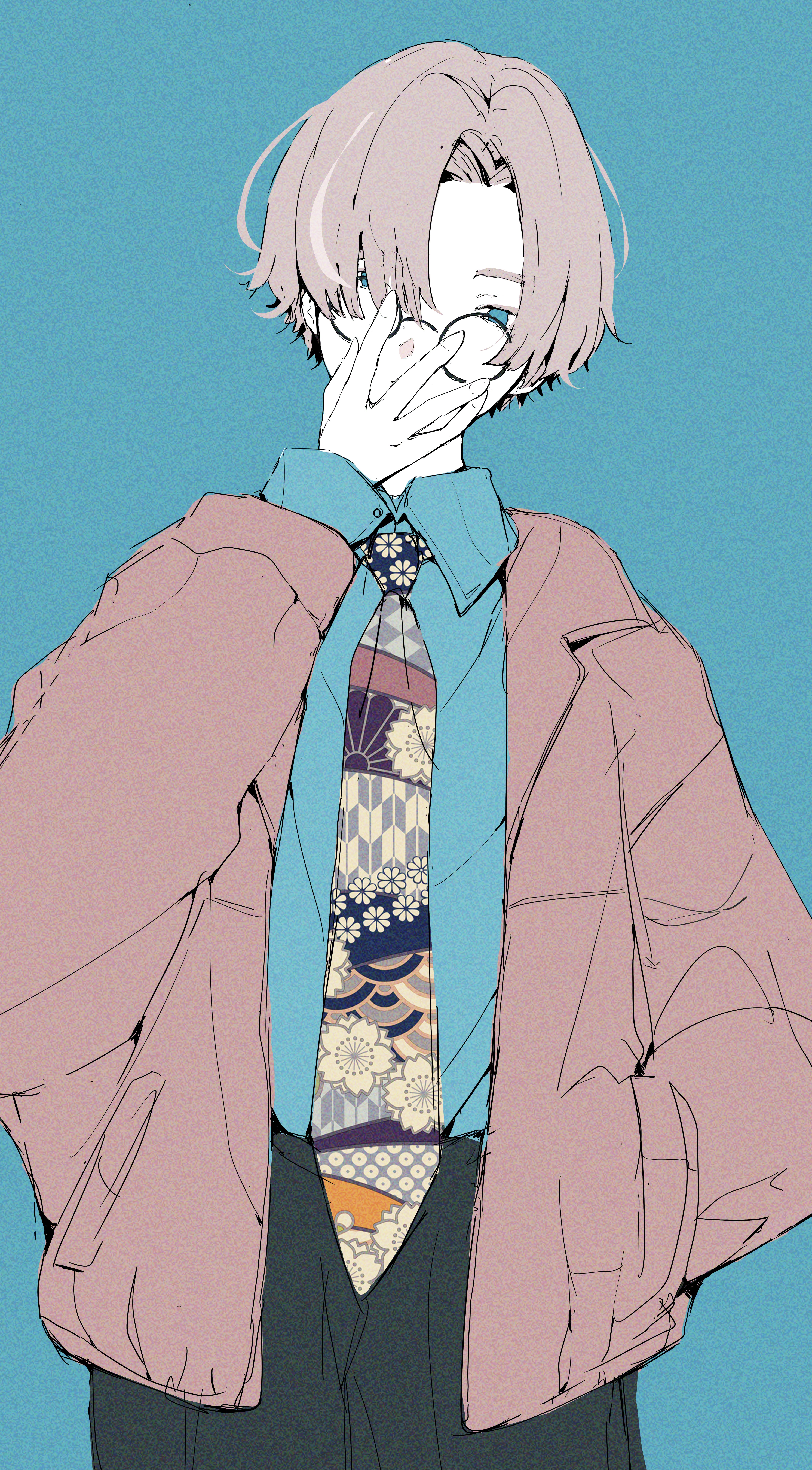 nocopyrightgirl, short hair fox girl (mdf an), original, absurdres, cropped, highres, 1boy, fashion, hand in own panties, hand under clothes, hand under shorts, jacket, leather, leather jacket, looking up, male focus, necktie, open clothes, open jacket, pants, print necktie, red-framed eyewear, round eyewear, shorts, simple background